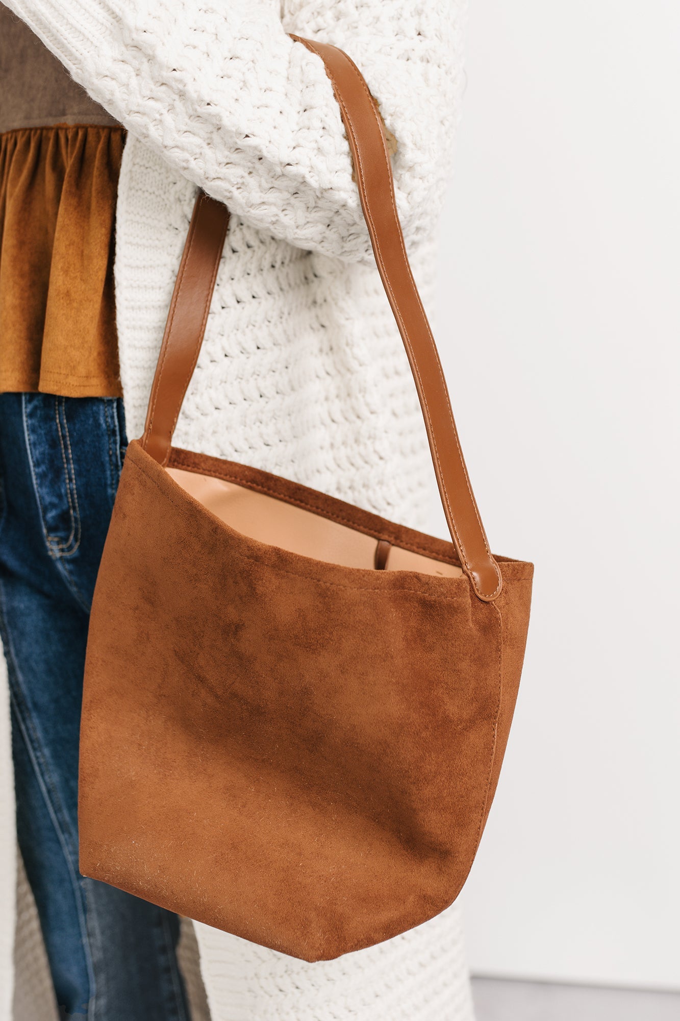 Stay With Me Faux Suede Tote Bag (Dark Brown)