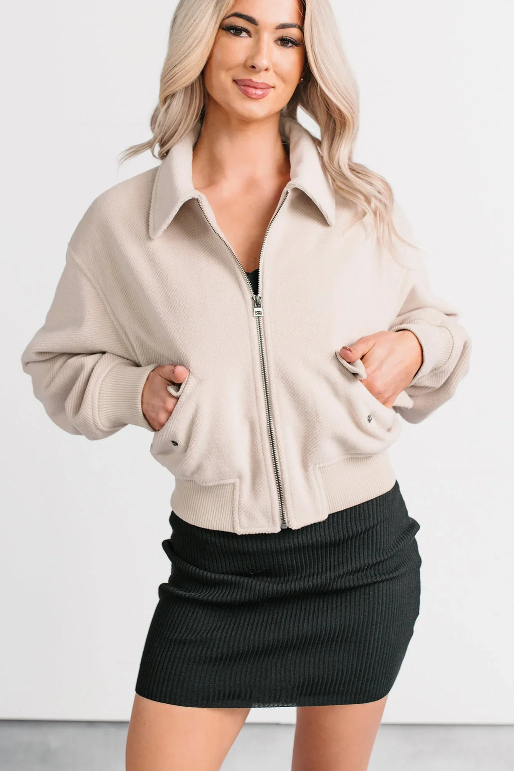 After The Fact Soft Corduroy Collared Zip Up Jacket (Chalk)