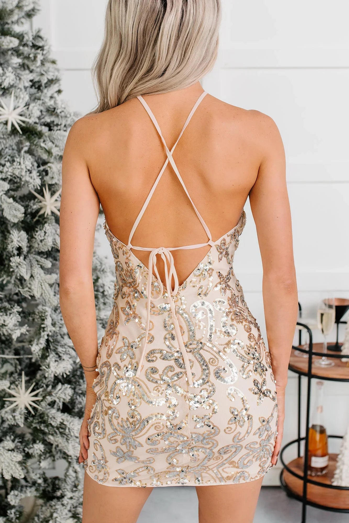All Glam Now Halter Sequin Mini Dress (Champagne)
