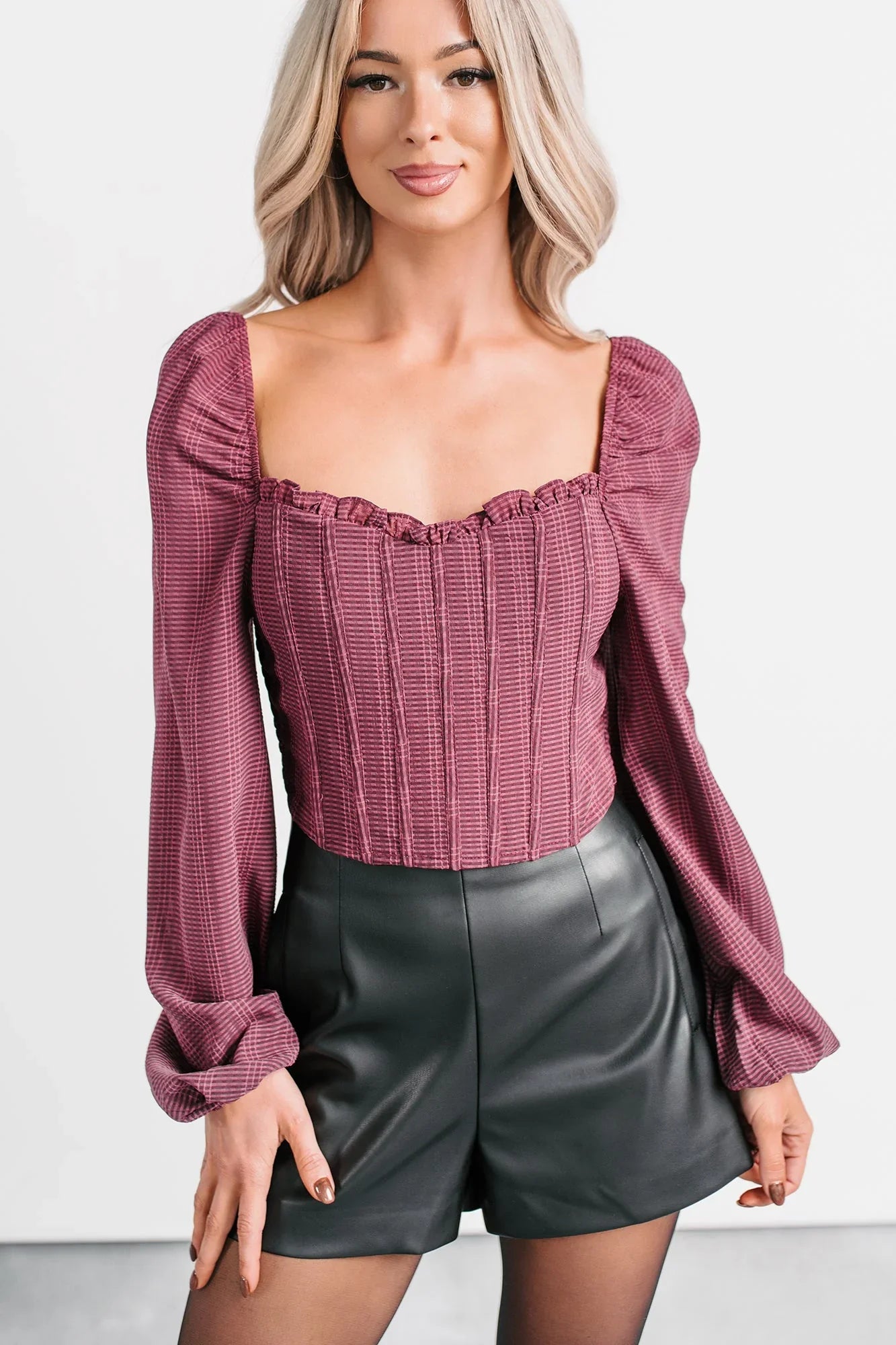 All Of My Love Corset Style Long Sleeve Top (Burgundy)