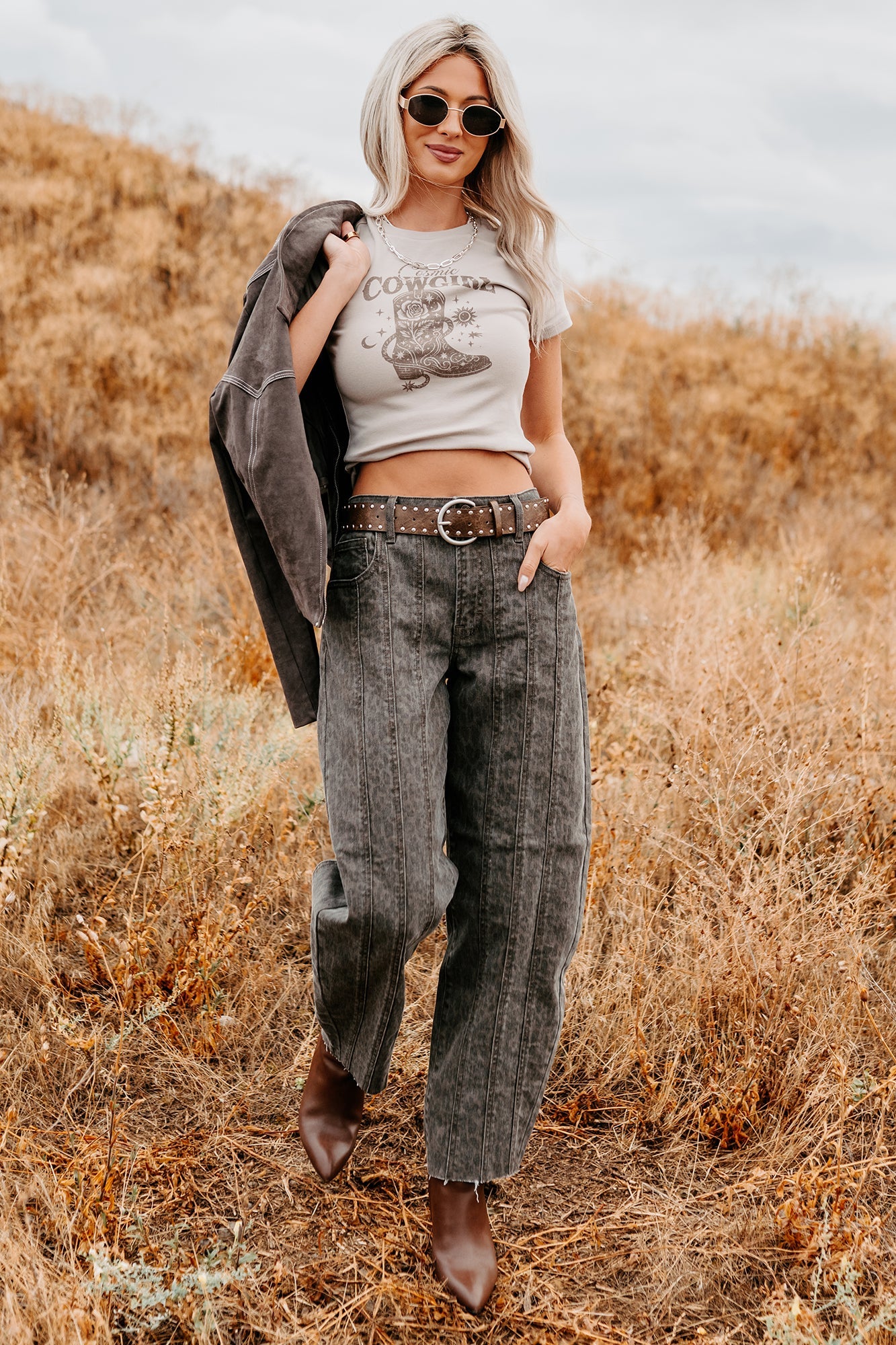 "Cosmic Cowgirl" Short Sleeve Graphic Top (Taupe)