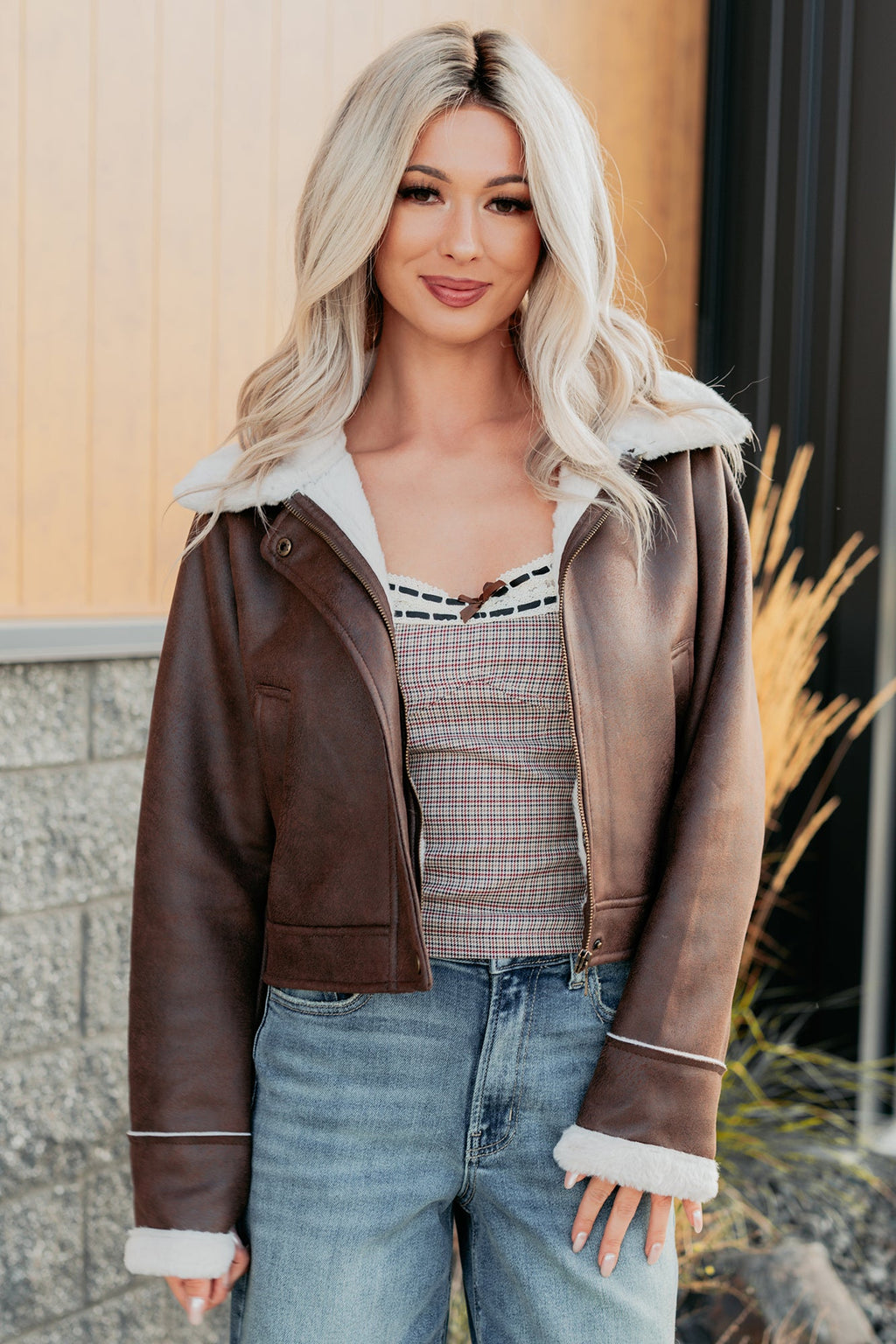 After Dark Faux Suede Fur Lined Jacket (Brown)