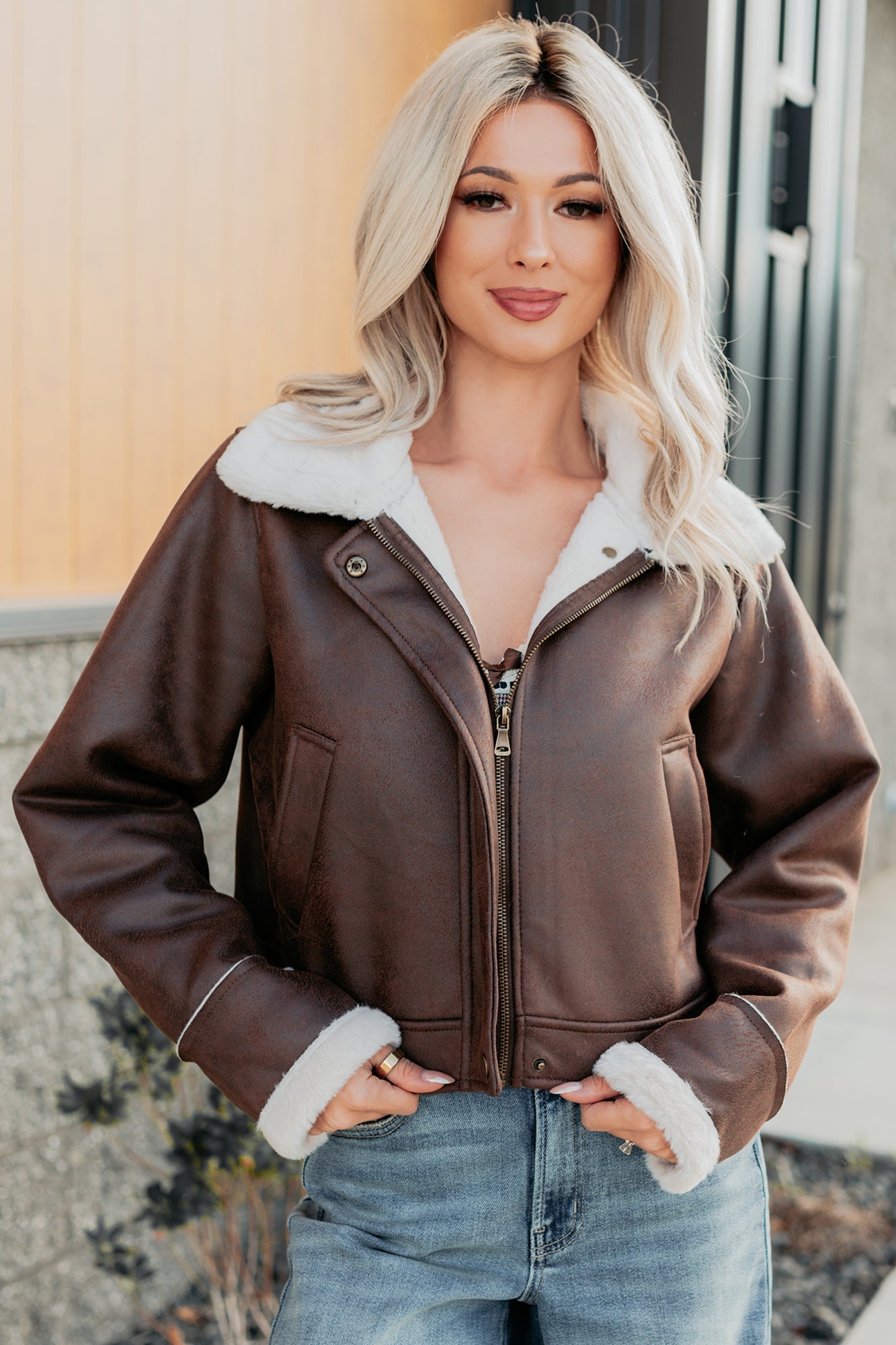 After Dark Faux Suede Fur Lined Jacket (Brown)