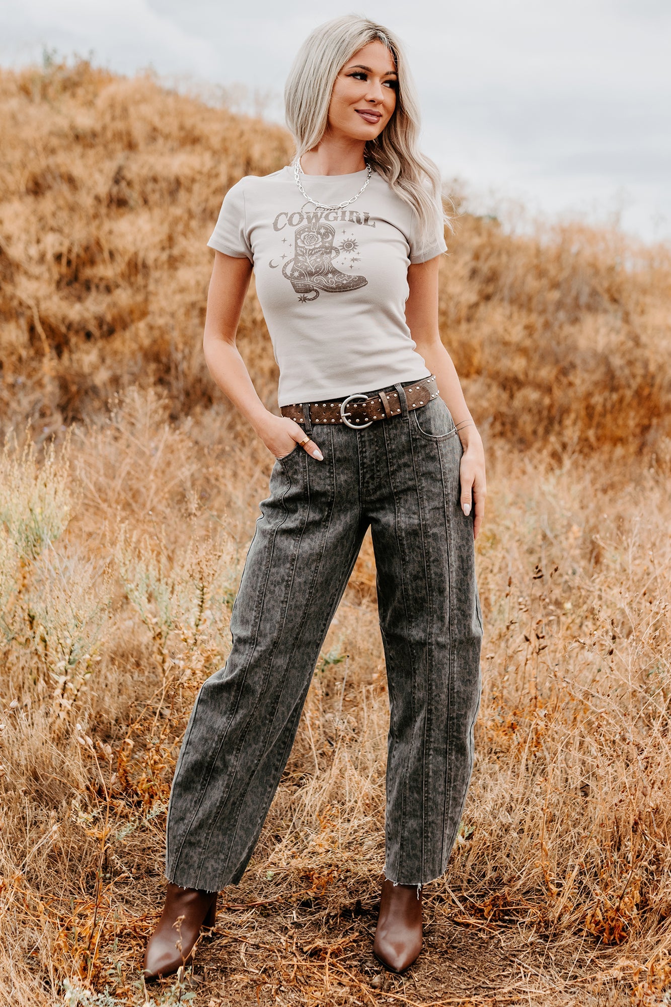 "Cosmic Cowgirl" Short Sleeve Graphic Top (Taupe)