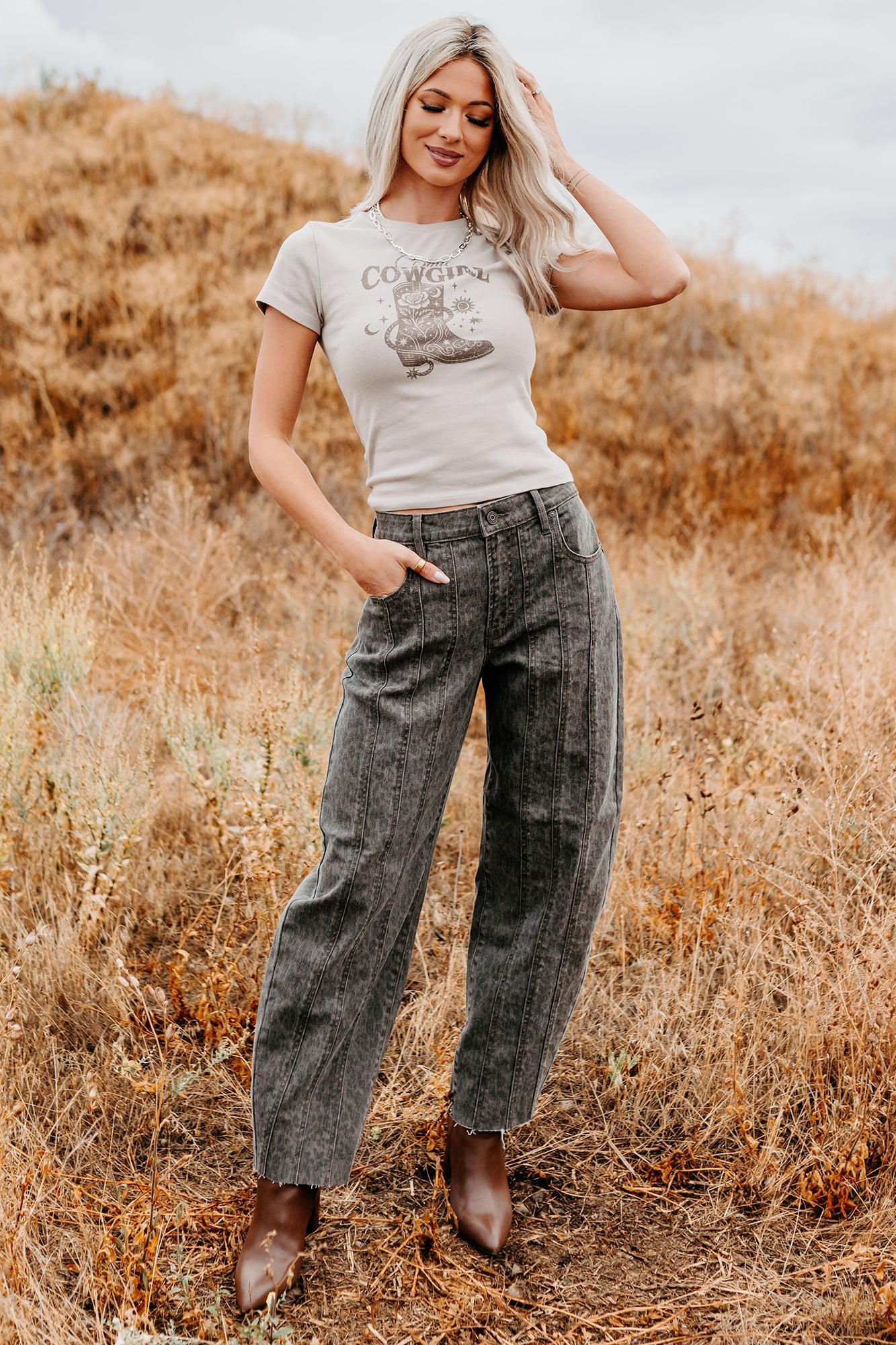 "Cosmic Cowgirl" Short Sleeve Graphic Top (Taupe)