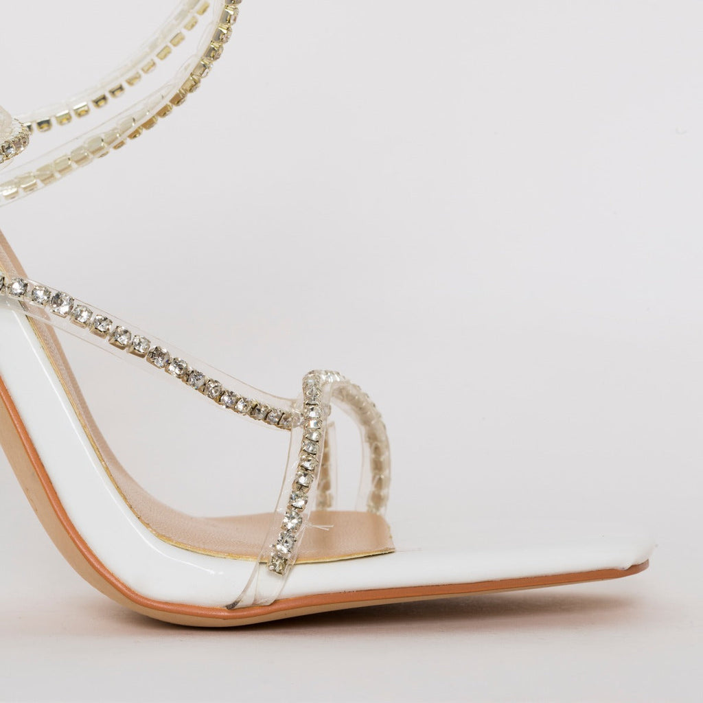 Chantel White Patent Clear Diamante Strappy Heels