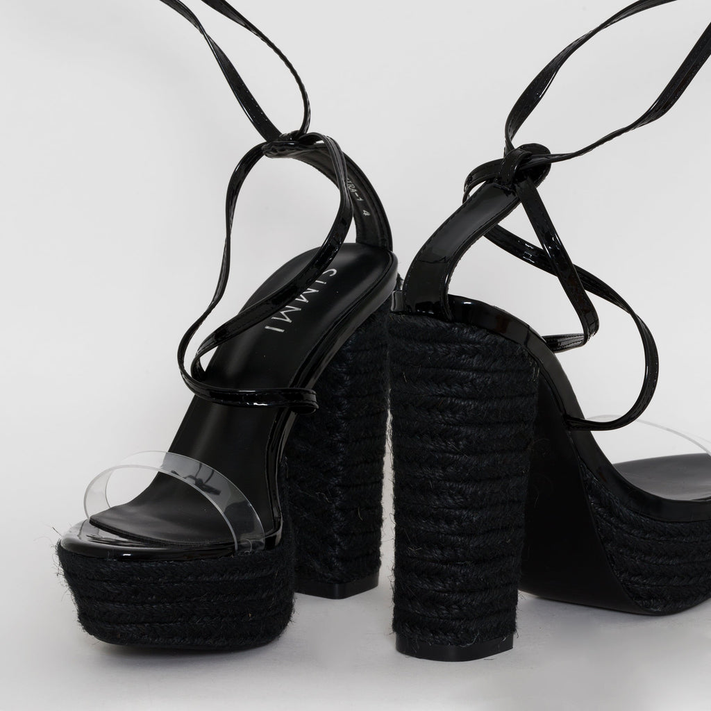 Akira Black Patent Lace Up Platform Heels