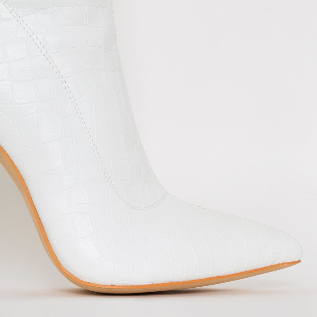 Isabel White Croc Print Thigh High Stiletto Boots