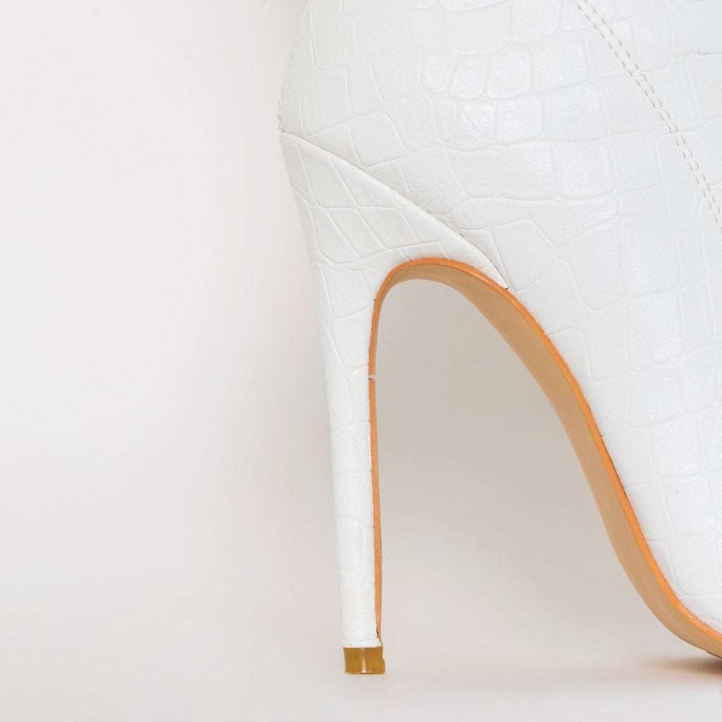 Isabel White Croc Print Thigh High Stiletto Boots