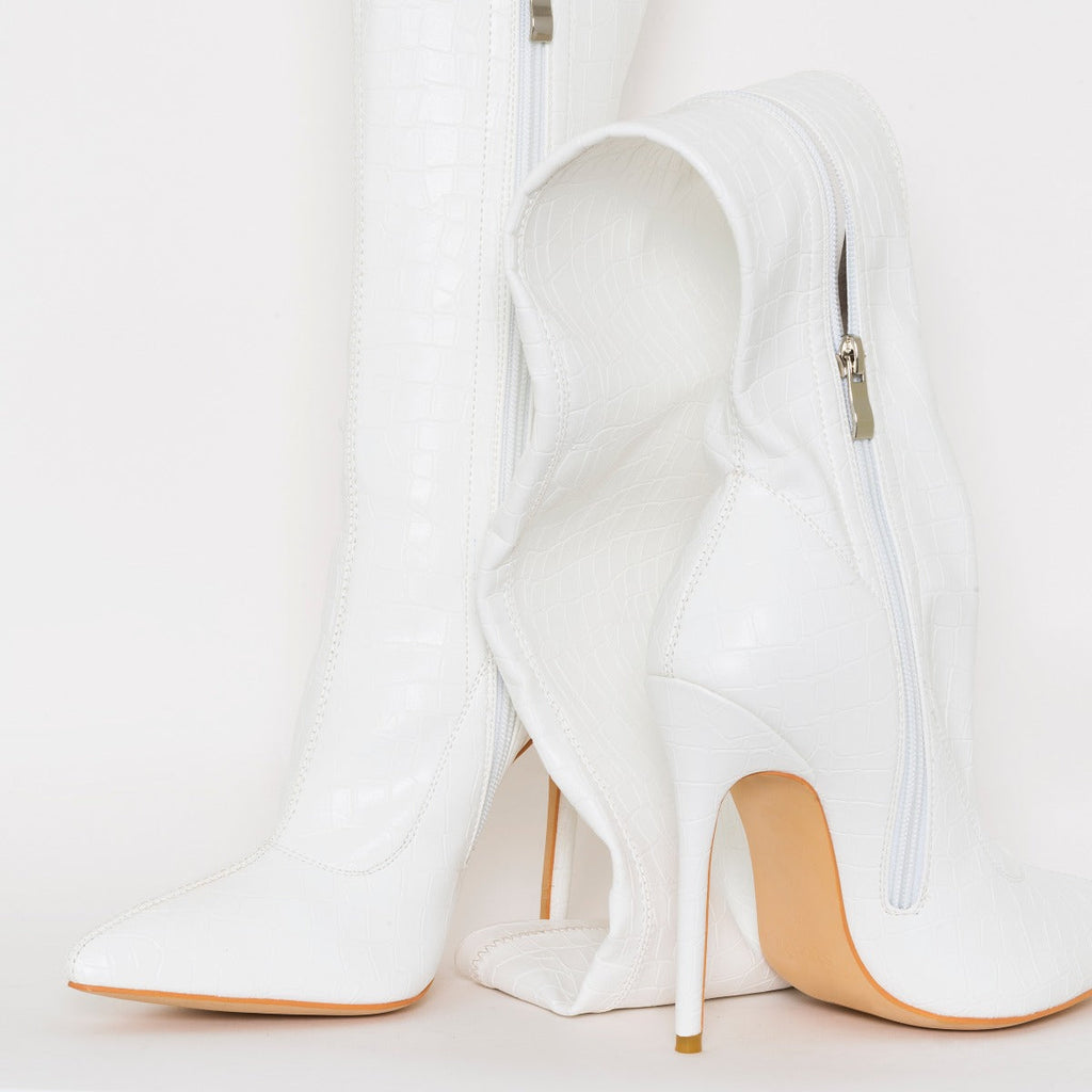 Isabel White Croc Print Thigh High Stiletto Boots