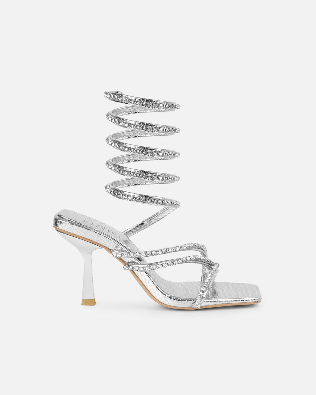 Freesia Silver Faux Snake Print Spiral Mid Heels
