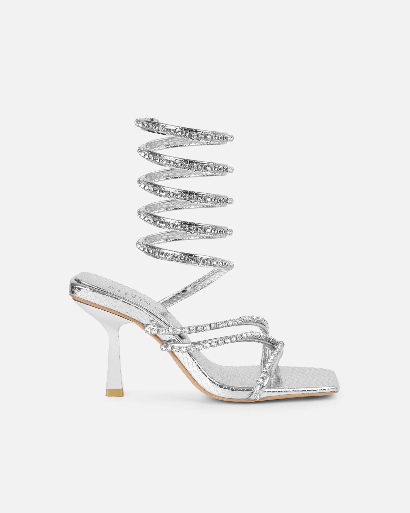 Freesia Silver Faux Snake Print Spiral Mid Heels