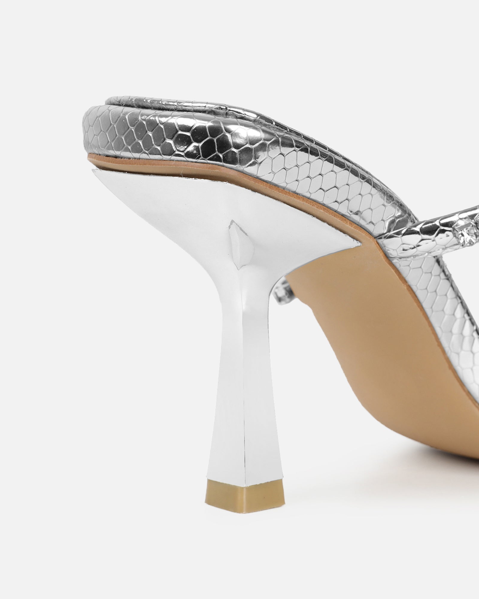 Freesia Silver Faux Snake Print Spiral Mid Heels