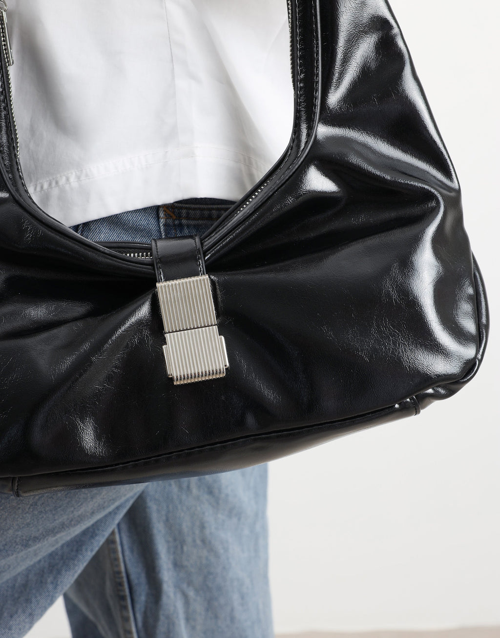Asher Black Buckle Detail Shoulder Bag