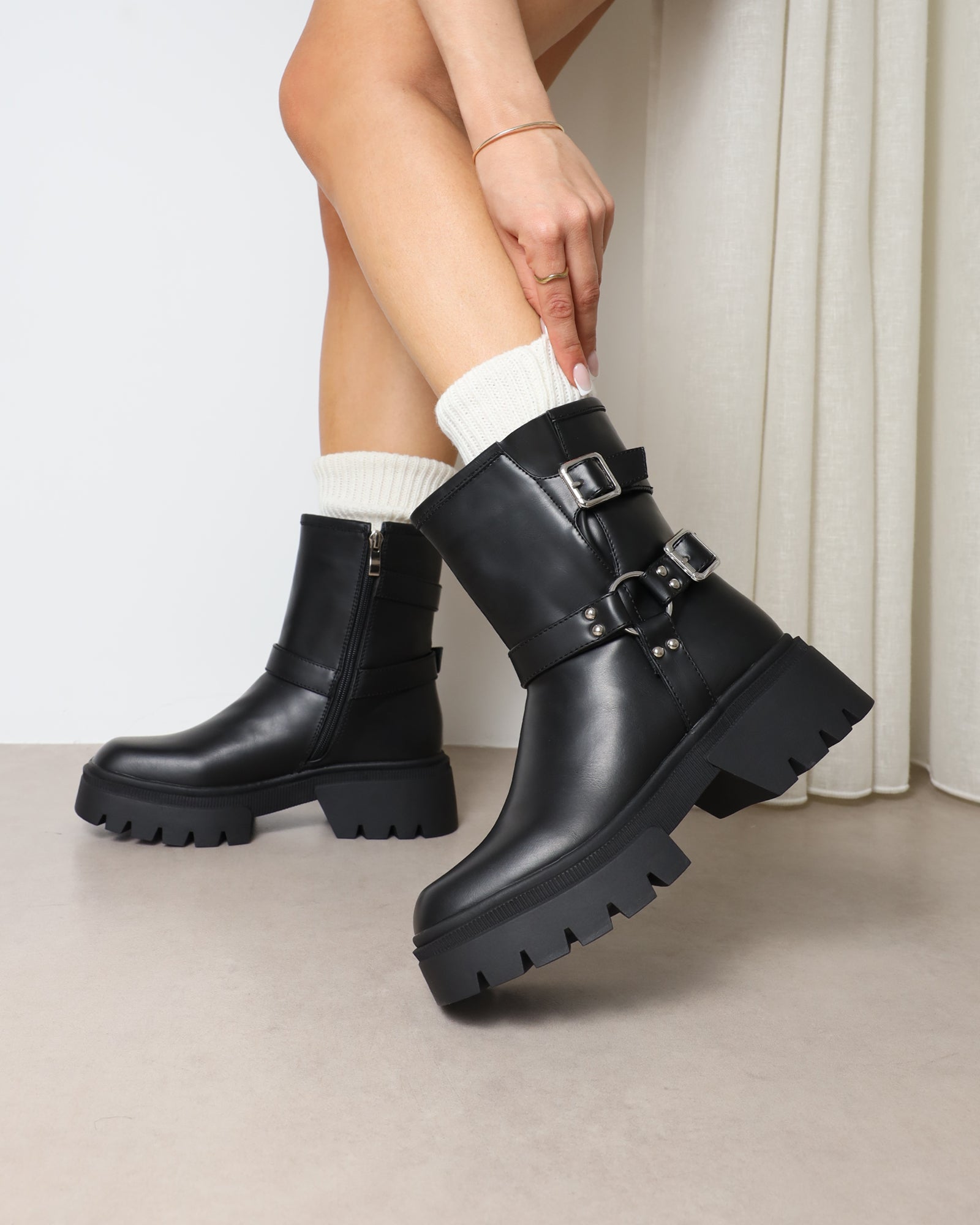 Alpesh Black Chunky Biker Boots