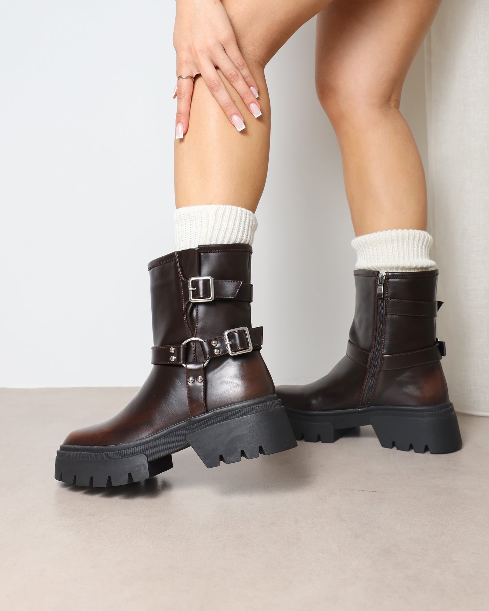 Alpesh Brown Burnished Chunky Biker Boots