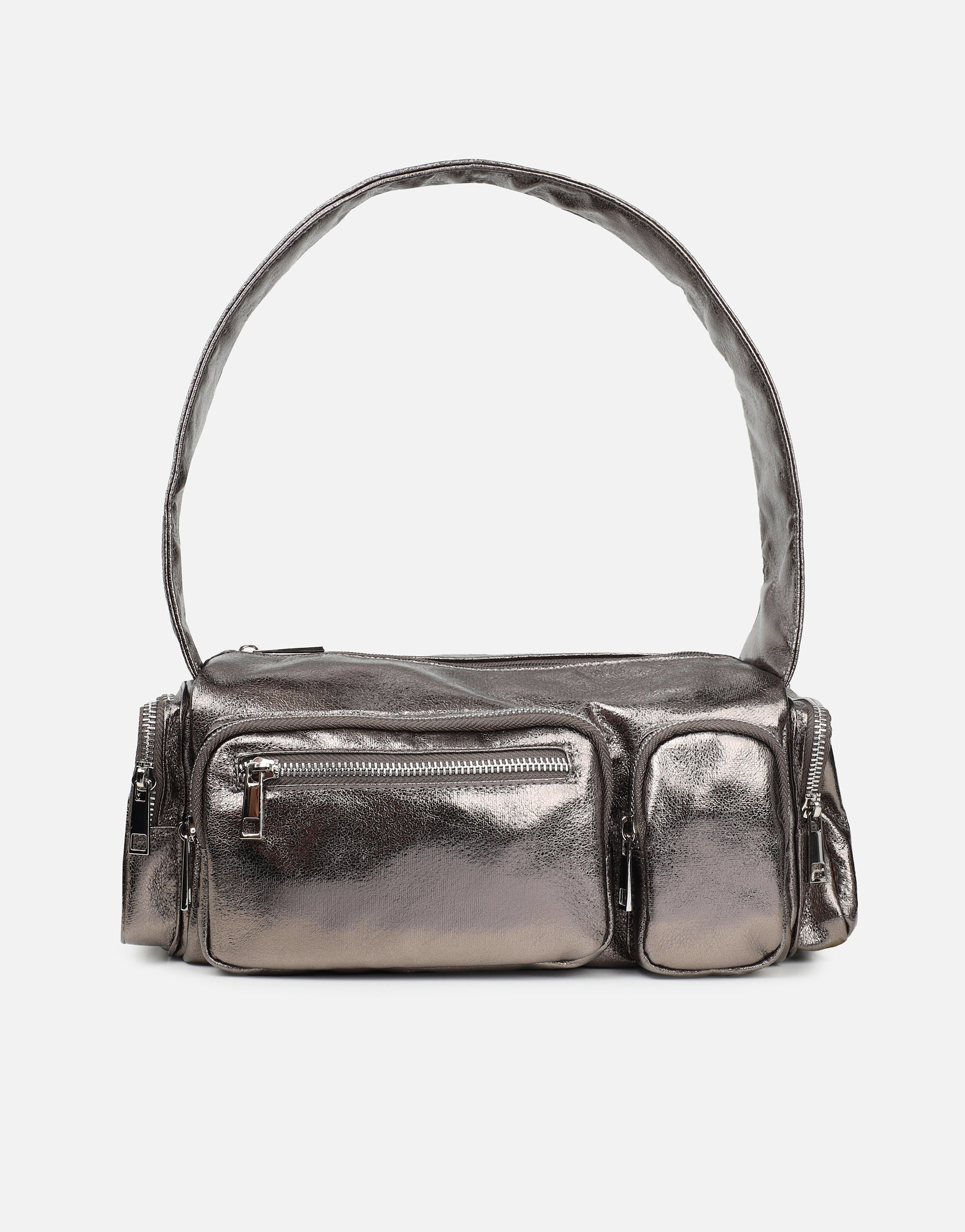 Ceyda Pewter Metallic Barrel Utility Shoulder Bag