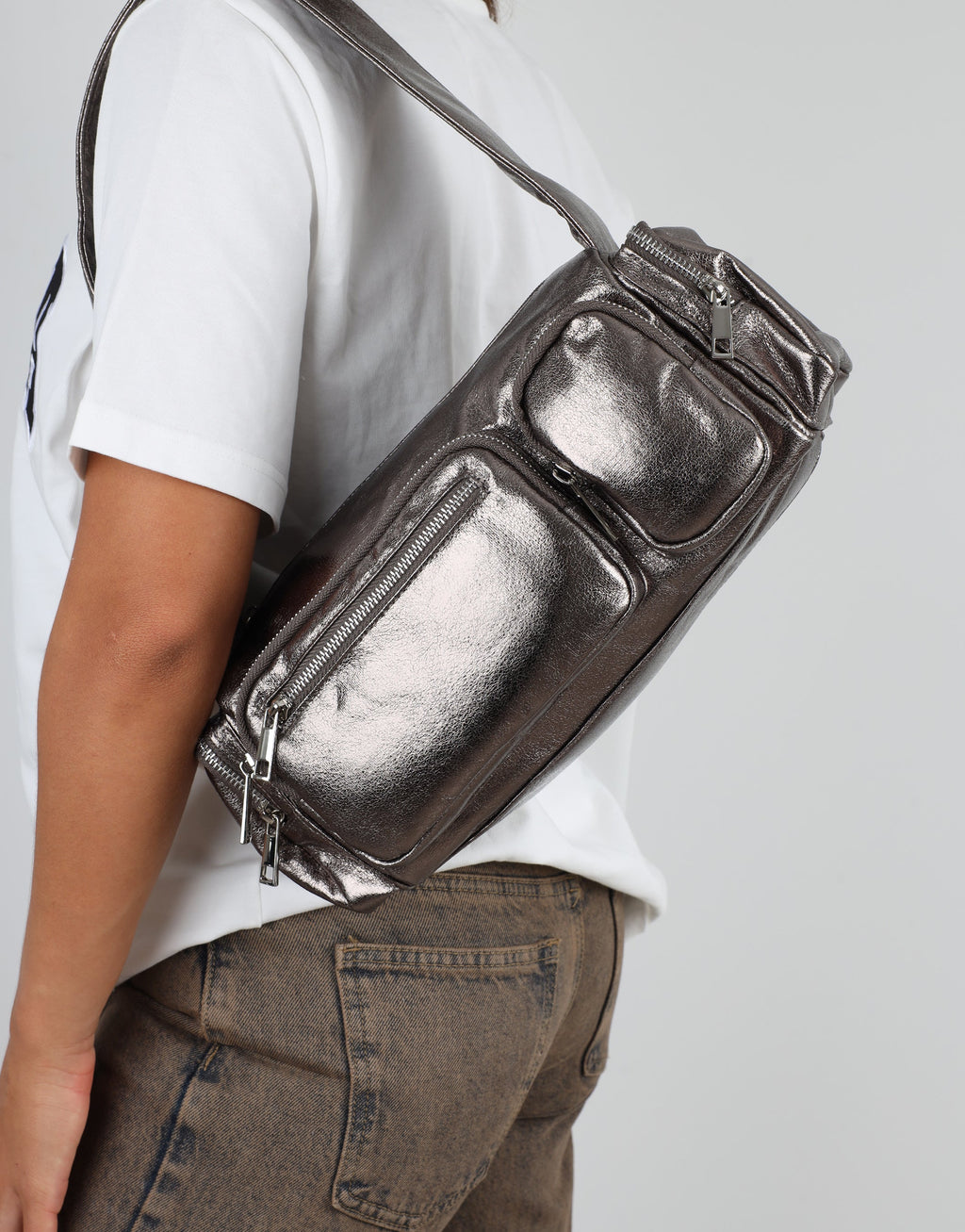 Ceyda Pewter Metallic Barrel Utility Shoulder Bag