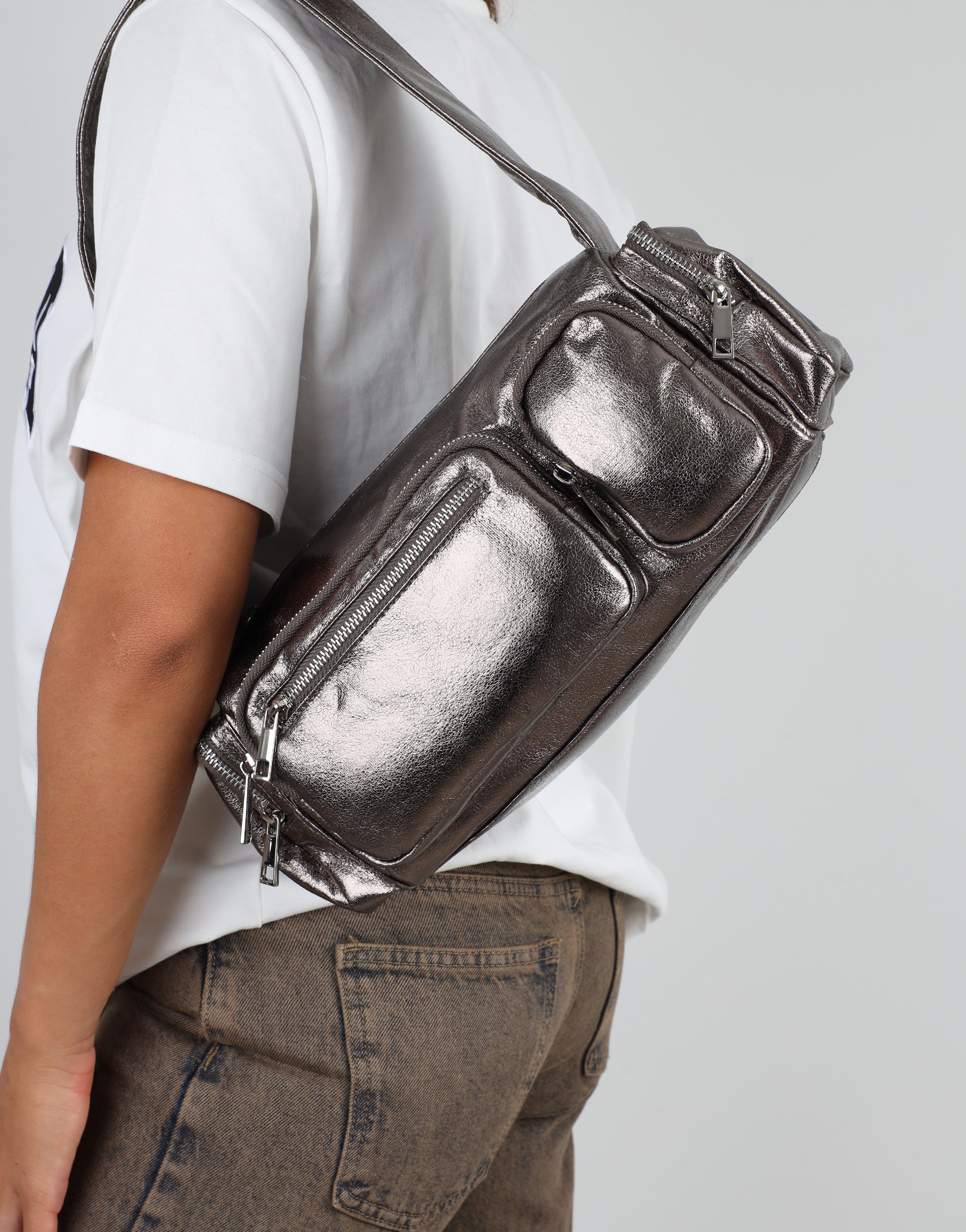 Ceyda Pewter Metallic Barrel Utility Shoulder Bag