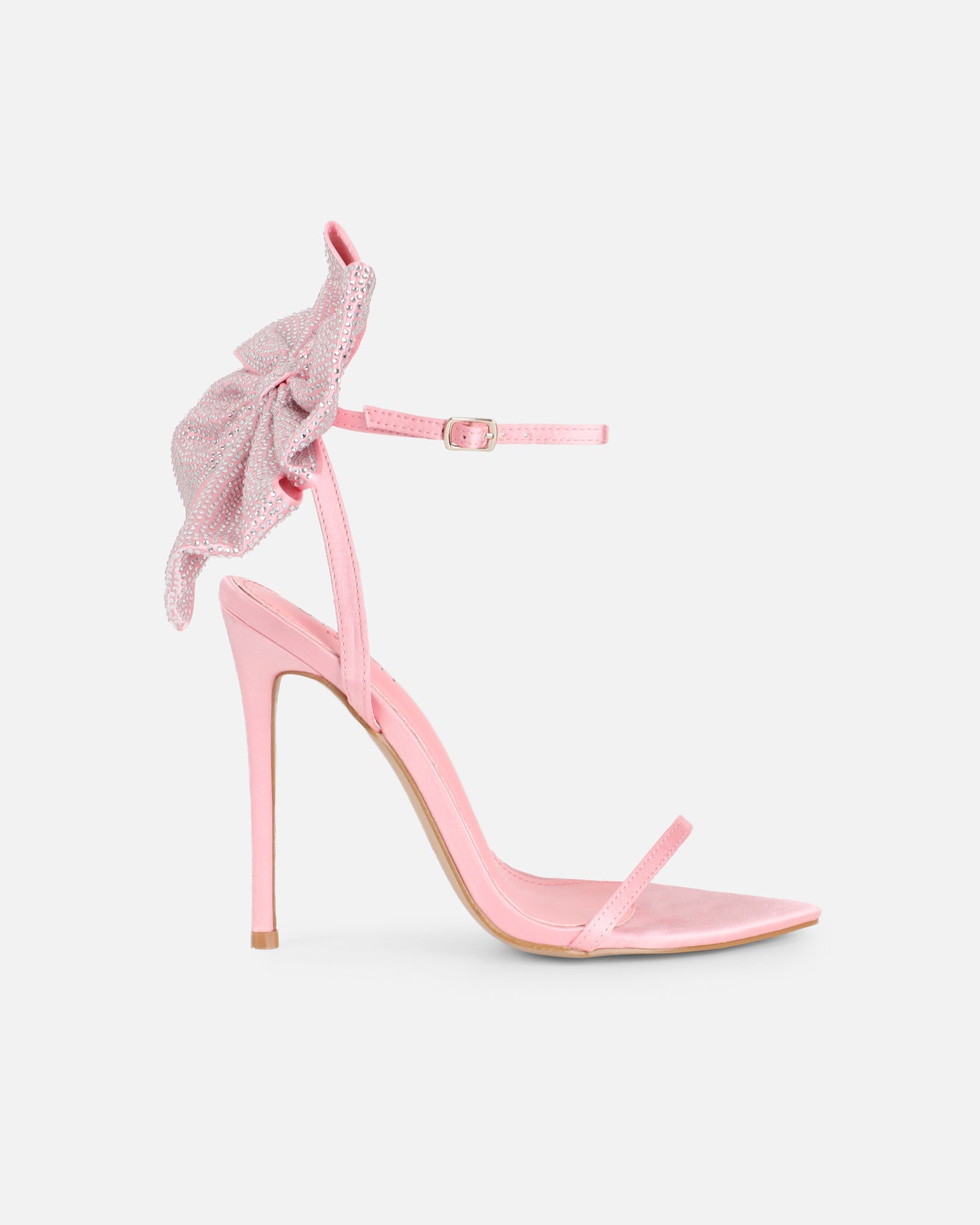 Abbah Pink Satin Diamante Bow Heeled Sandals