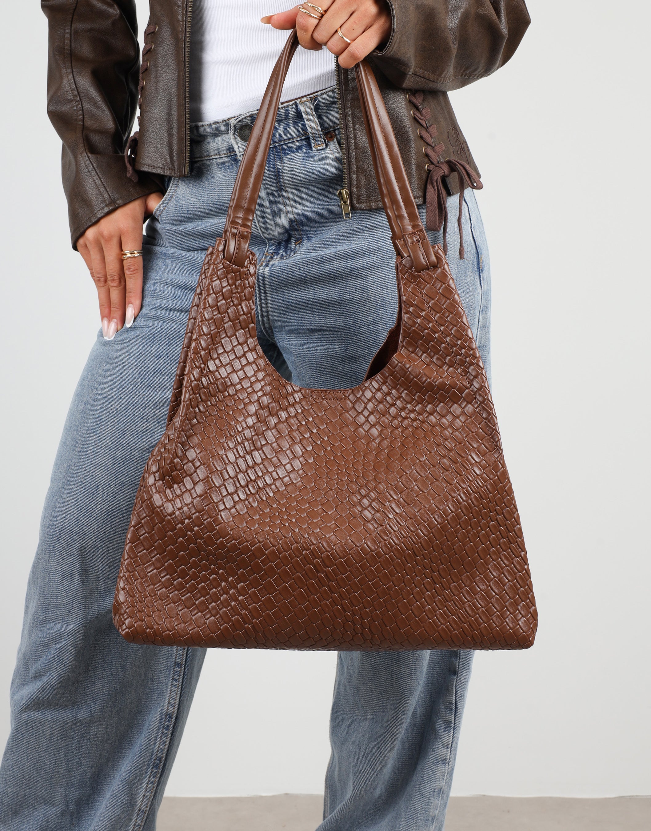 Heather Large Brown Woven Shoulder Bag