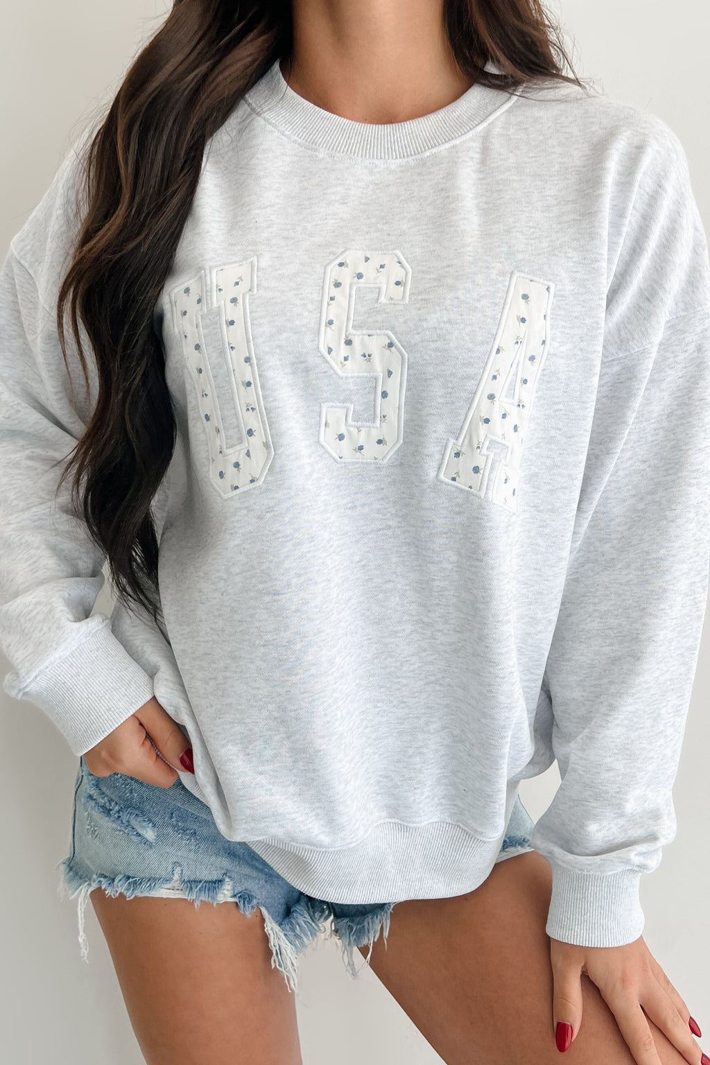 "USA" Floral Embroidered Sweatshirt (Light Grey)