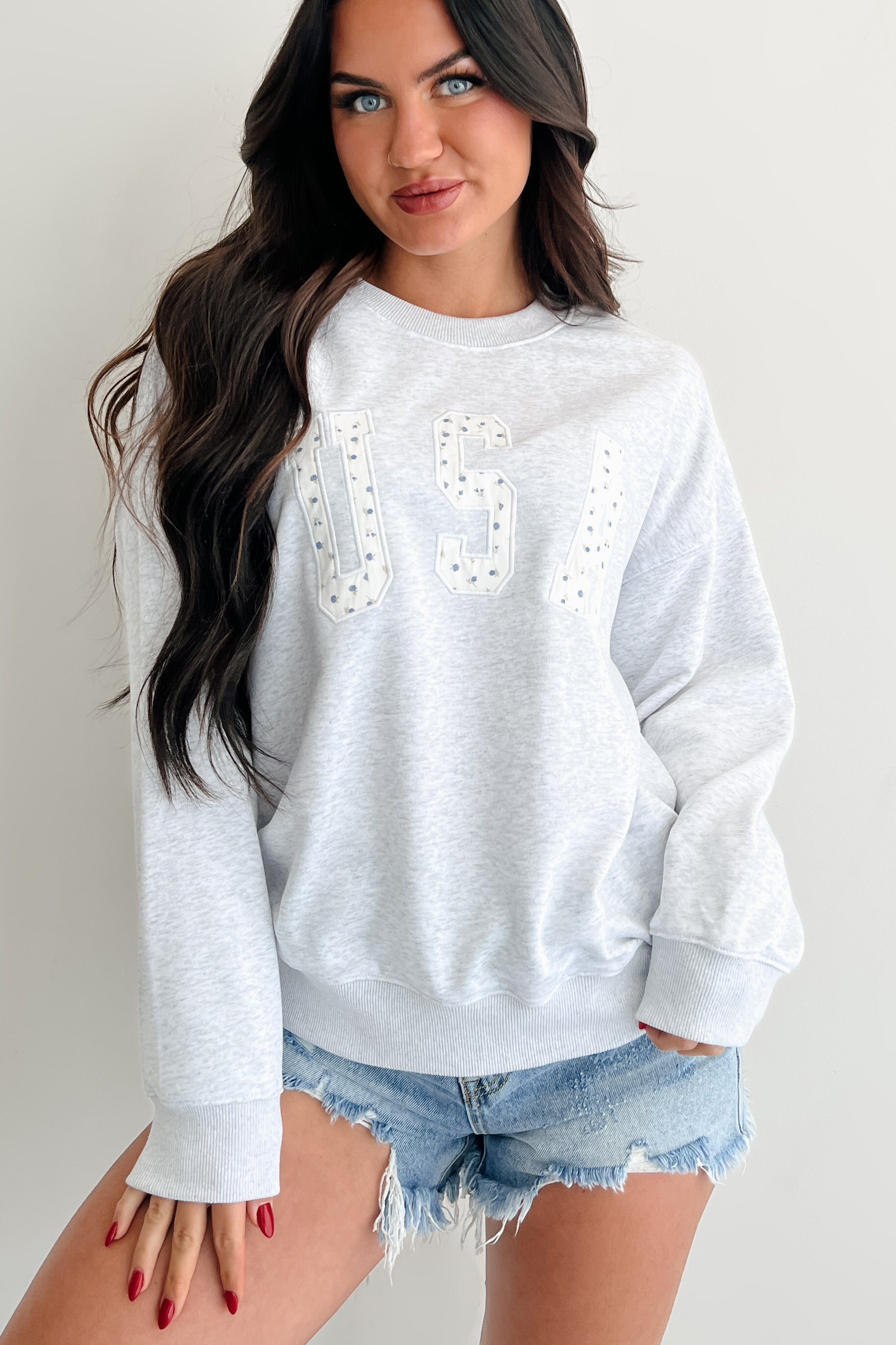 "USA" Floral Embroidered Sweatshirt (Light Grey)