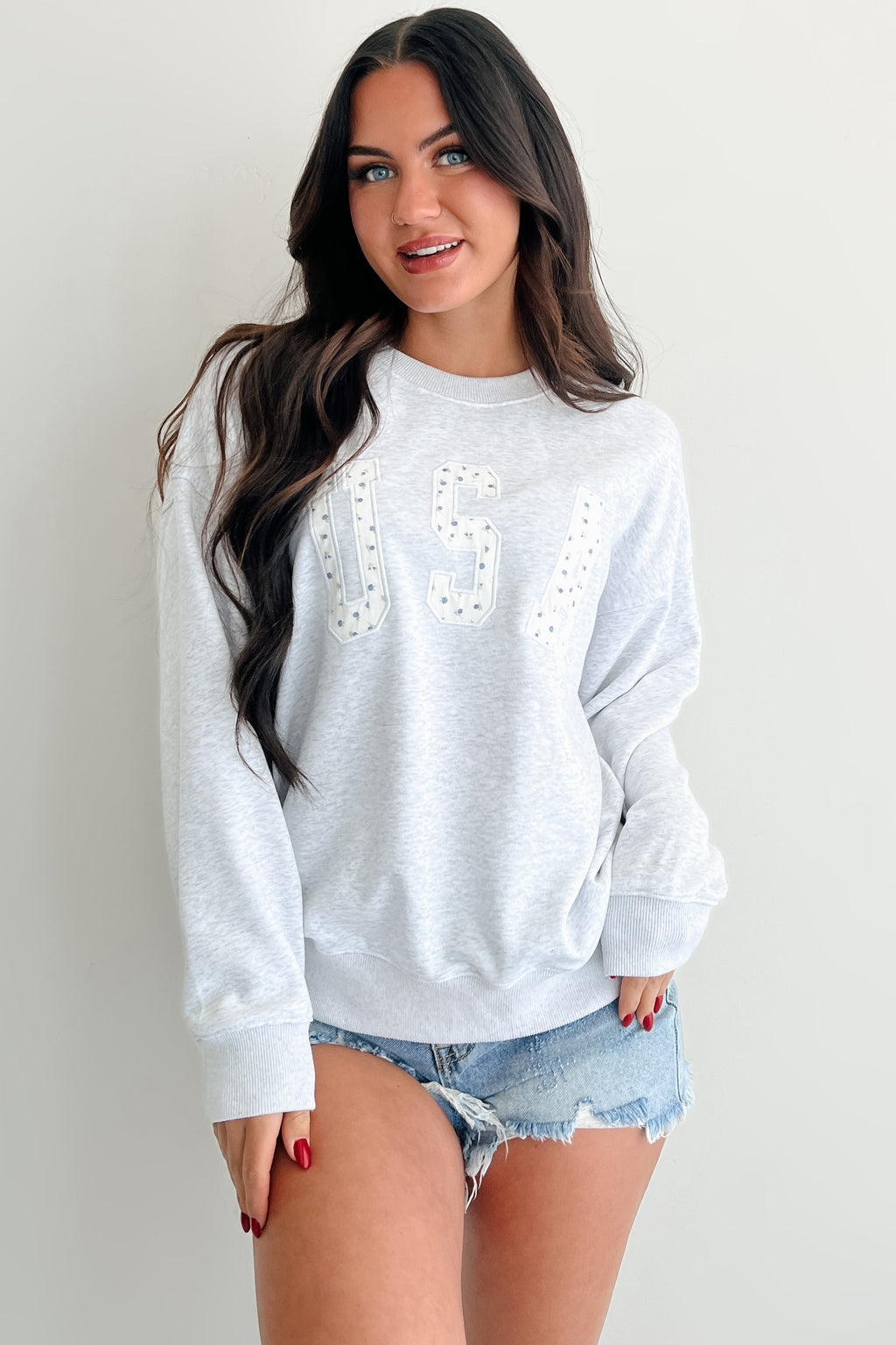 "USA" Floral Embroidered Sweatshirt (Light Grey)