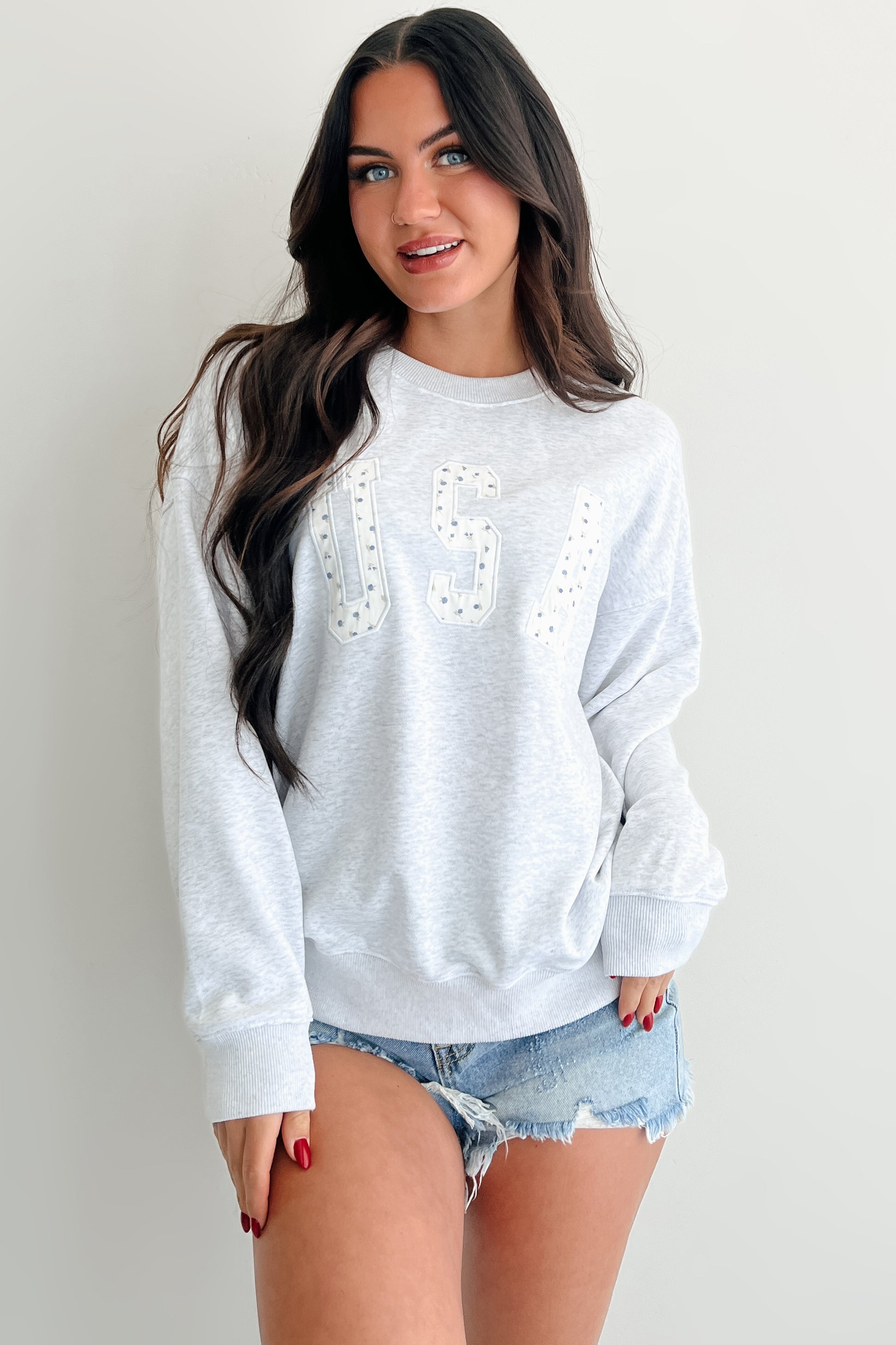 "USA" Floral Embroidered Sweatshirt (Light Grey)