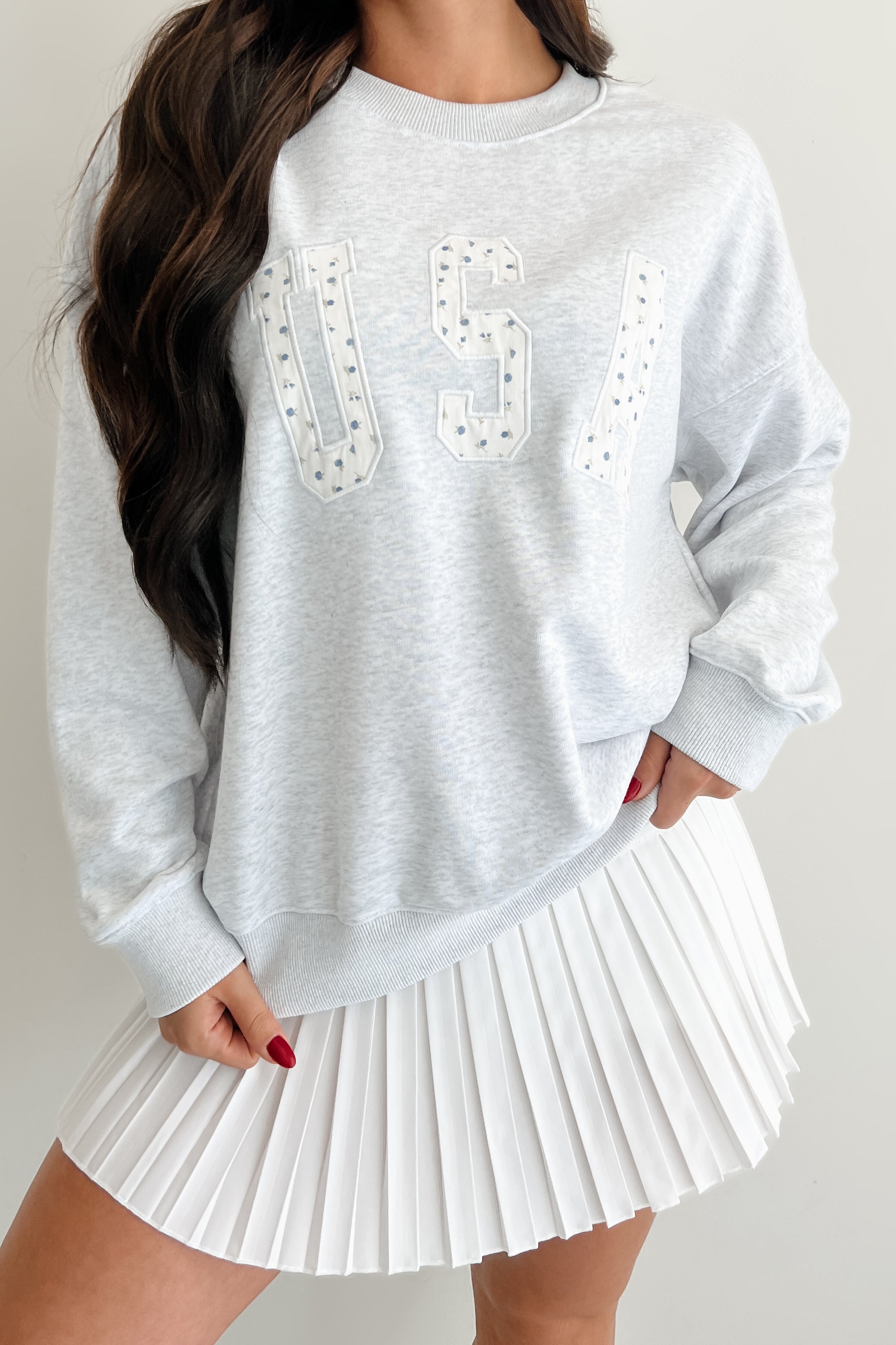 "USA" Floral Embroidered Sweatshirt (Light Grey)