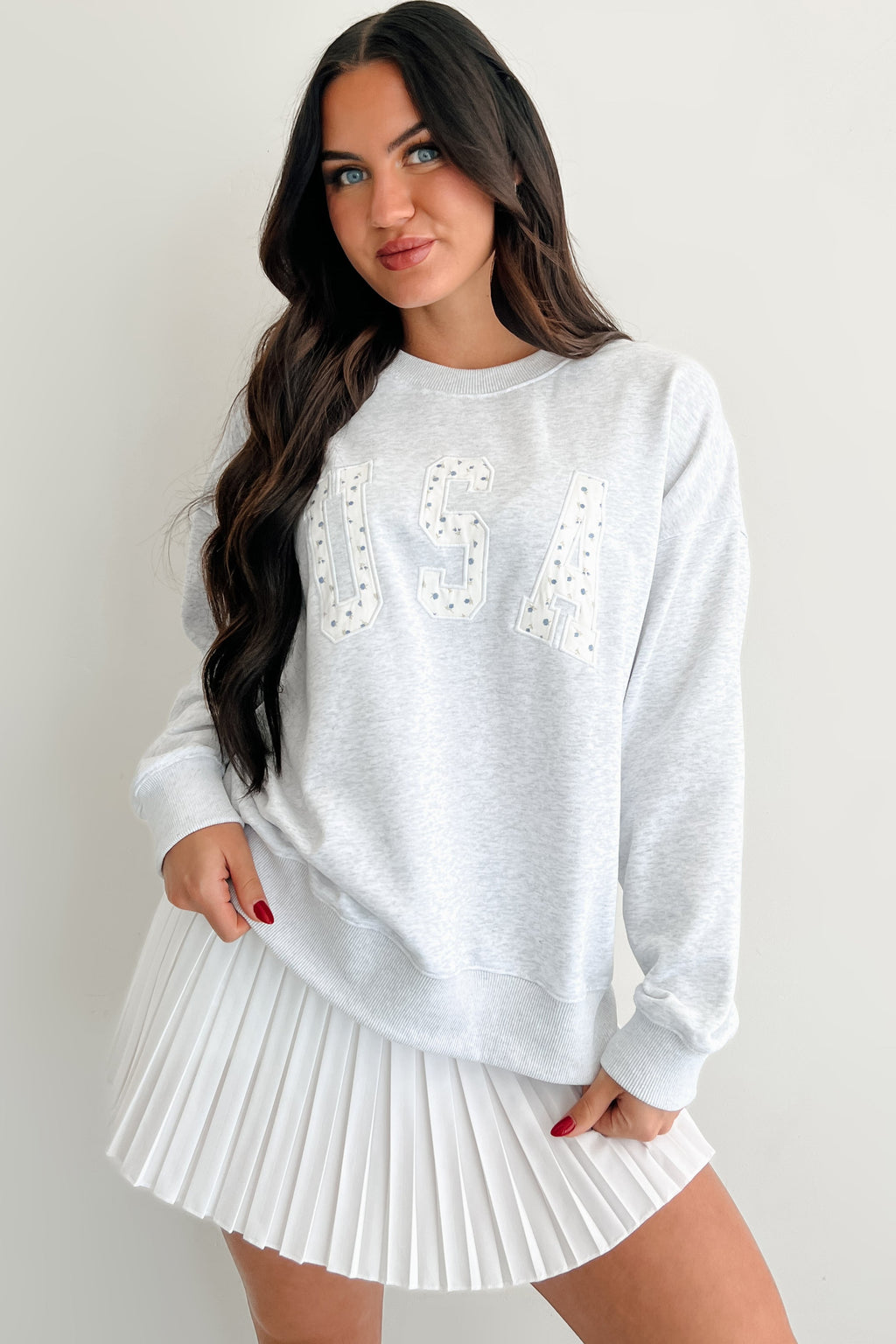 "USA" Floral Embroidered Sweatshirt (Light Grey)