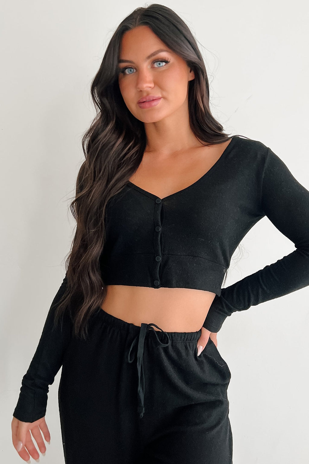 All Your Love Button Detail Long Sleeve Top (Black)