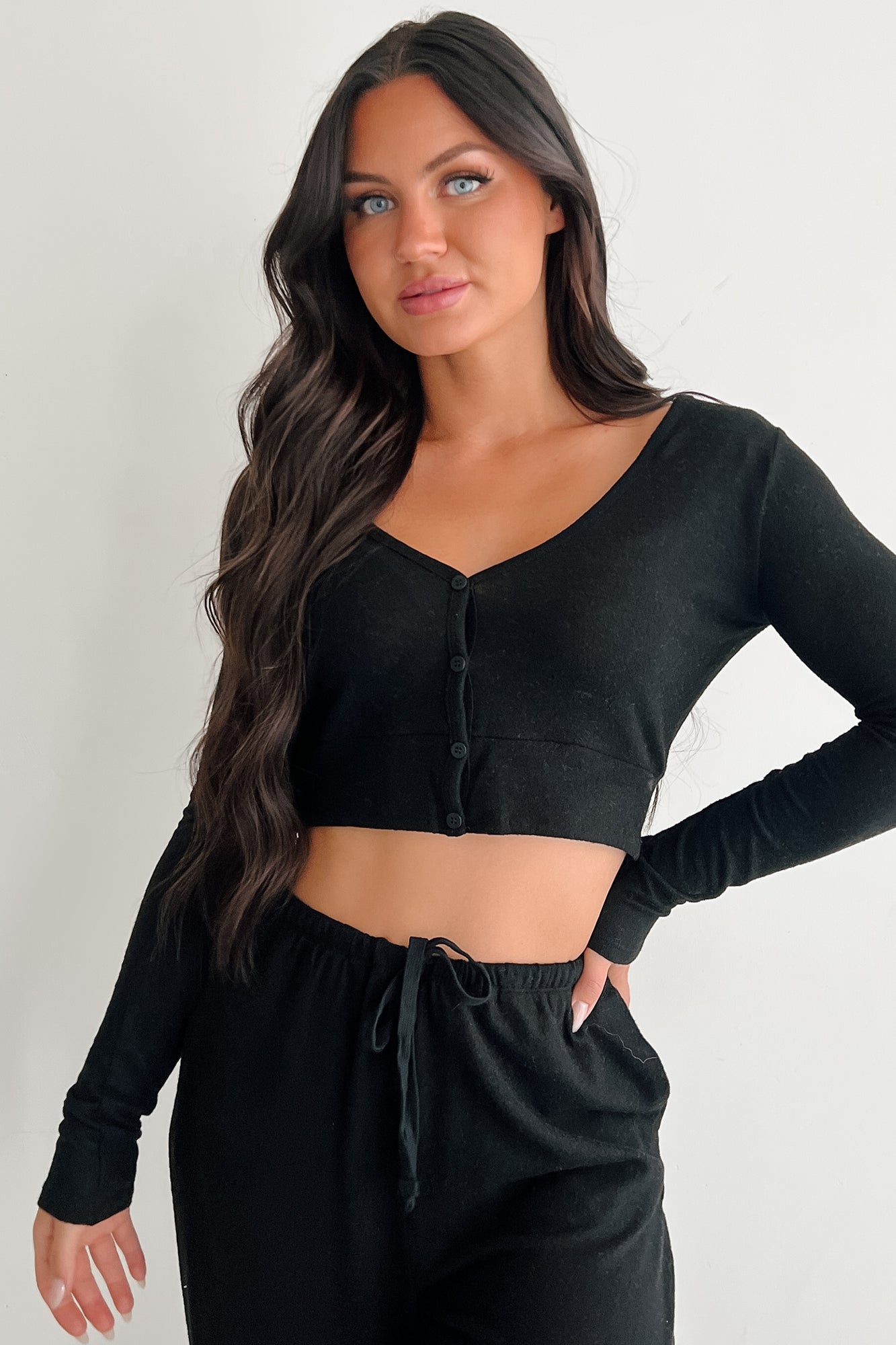 All Your Love Button Detail Long Sleeve Top (Black)