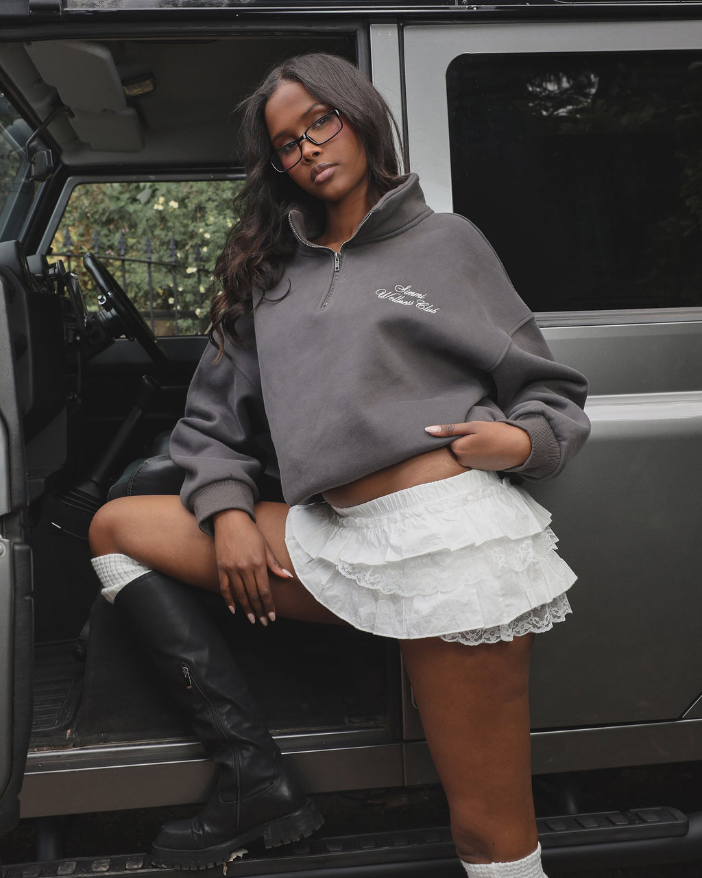 Ames Simmi Studios Half Zip Slogan Sweatshirt in Slate