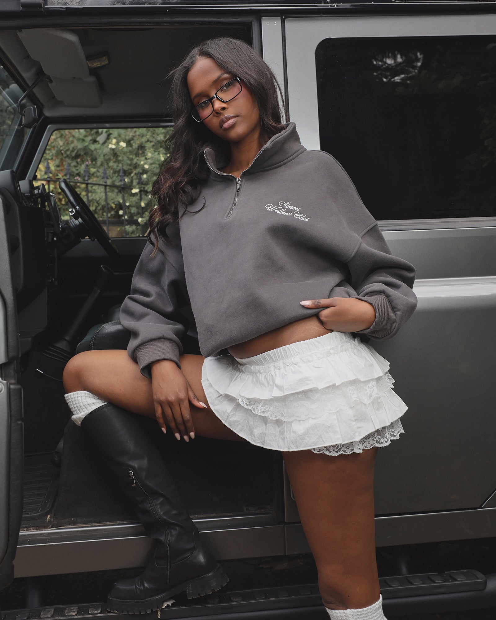 Ames Simmi Studios Half Zip Slogan Sweatshirt in Slate