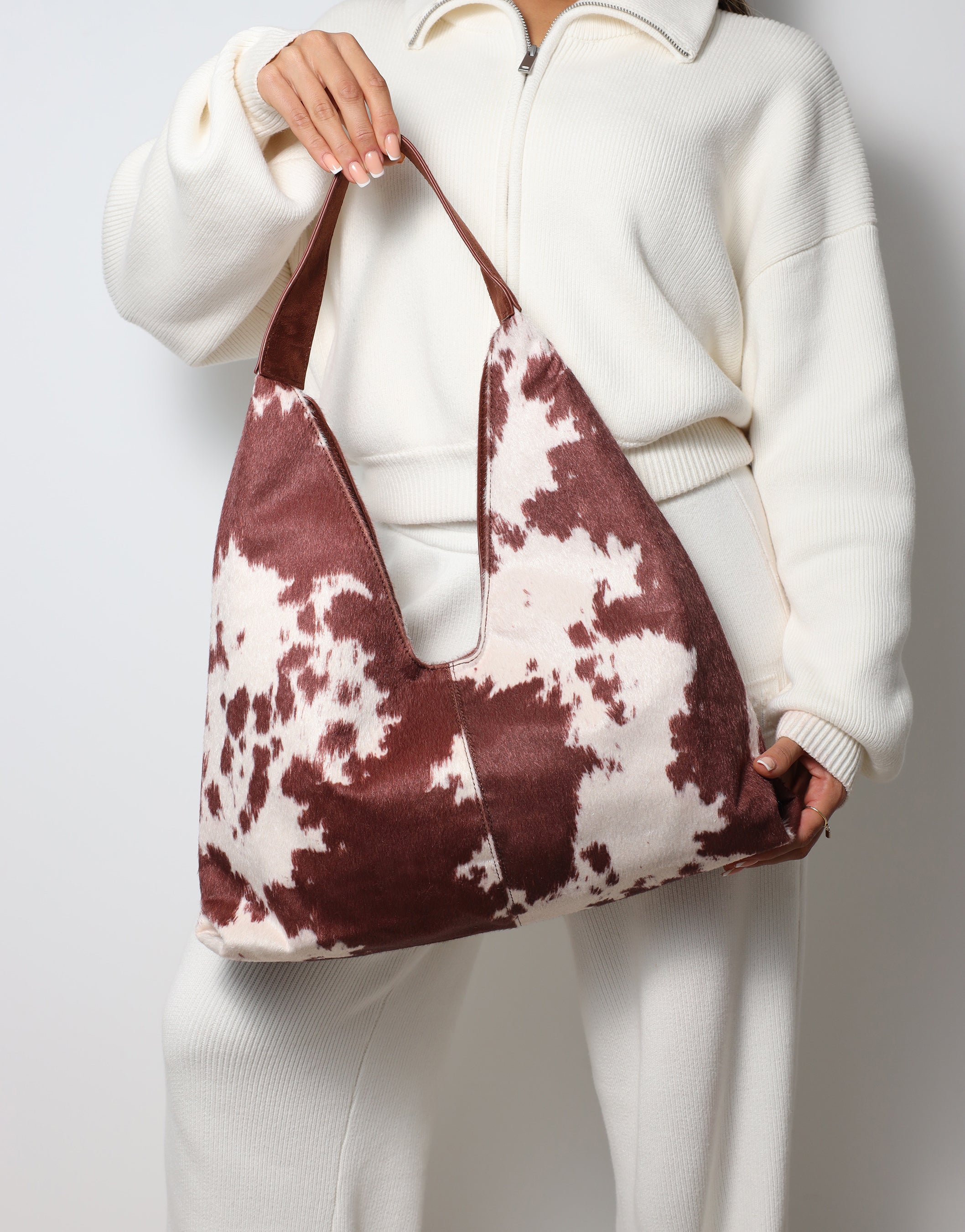 Isla Large Cow Print Suede Shoulder Bag