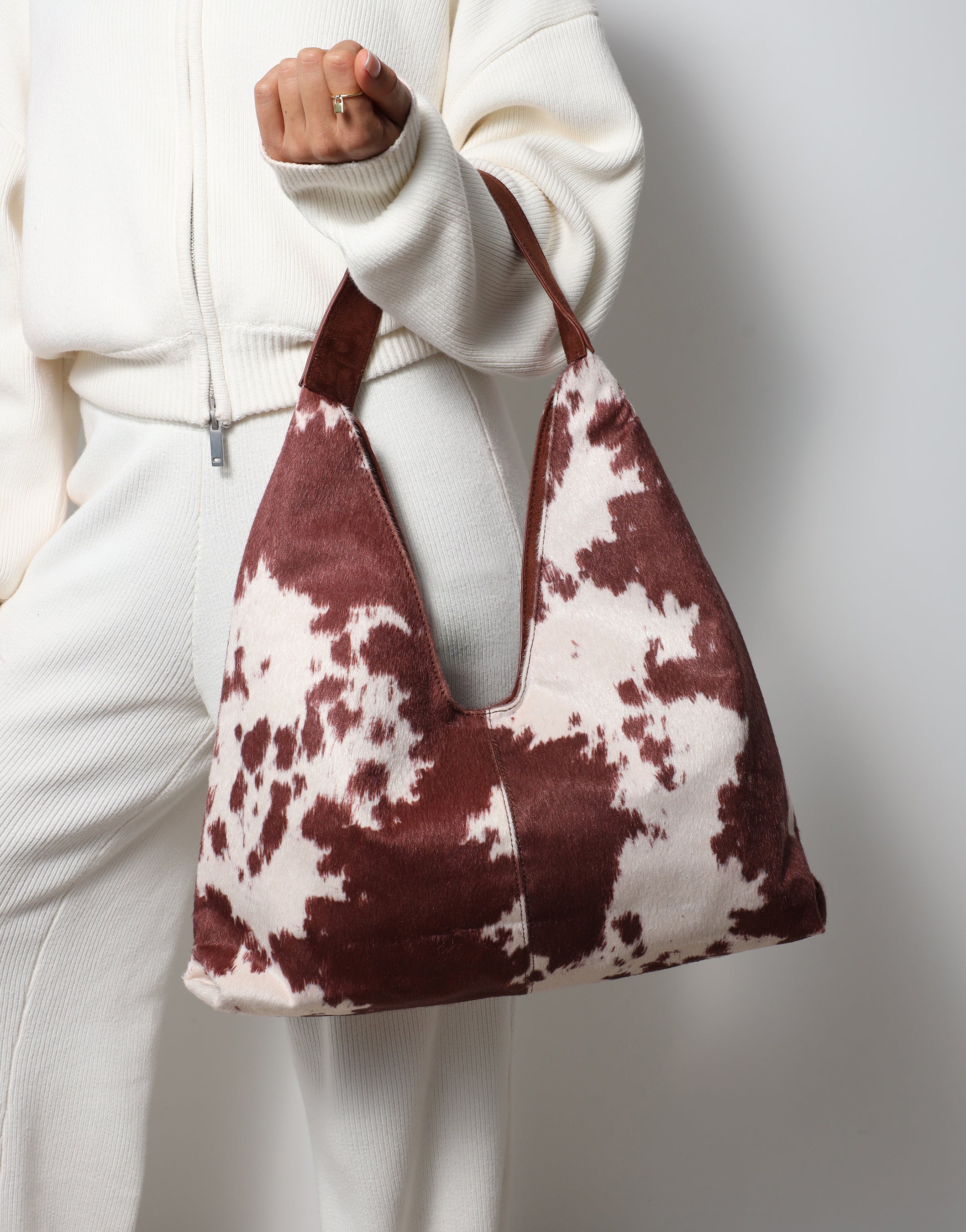Isla Large Cow Print Suede Shoulder Bag