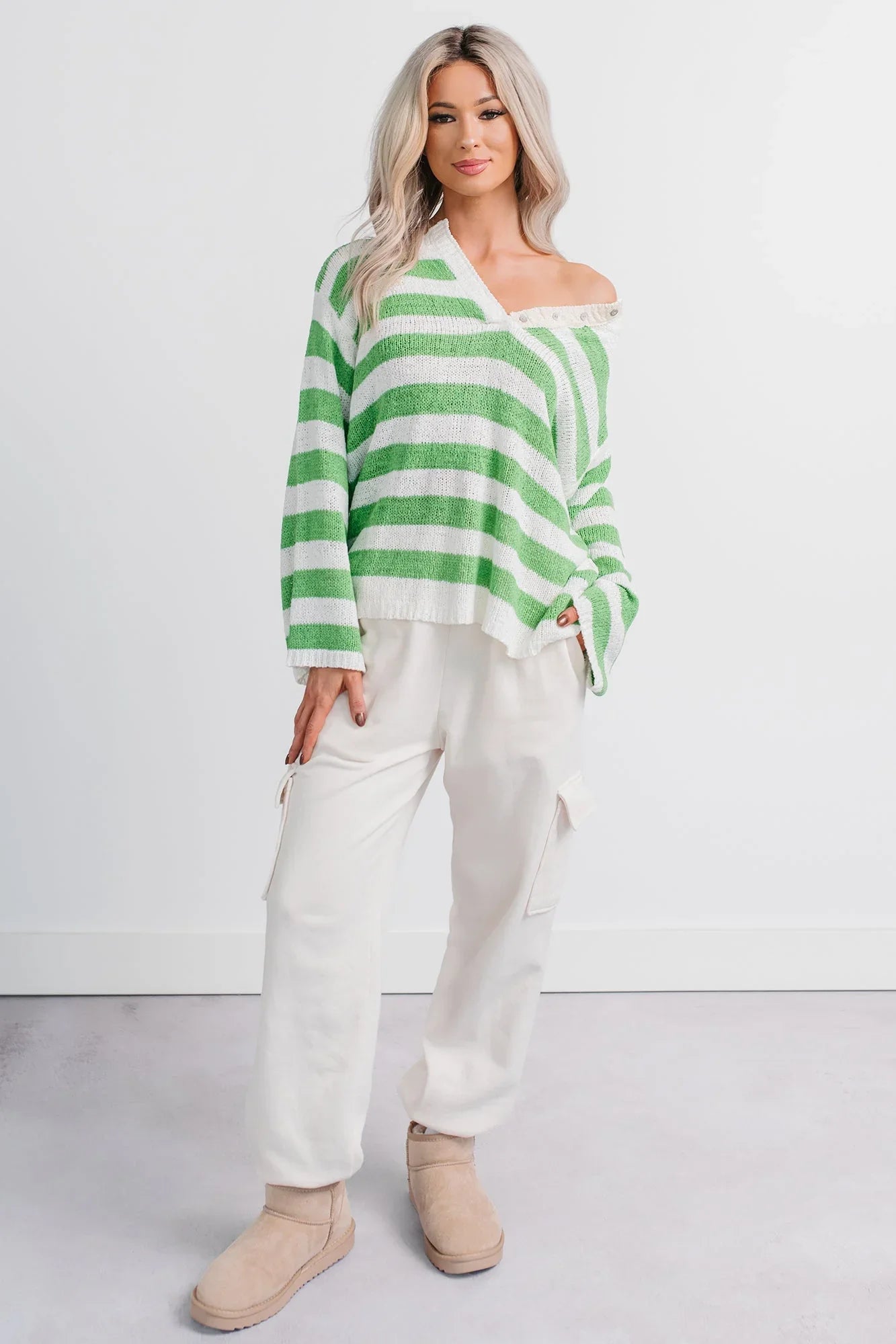 All Dressed Down Striped Knit POL Sweater (Green/Multi)