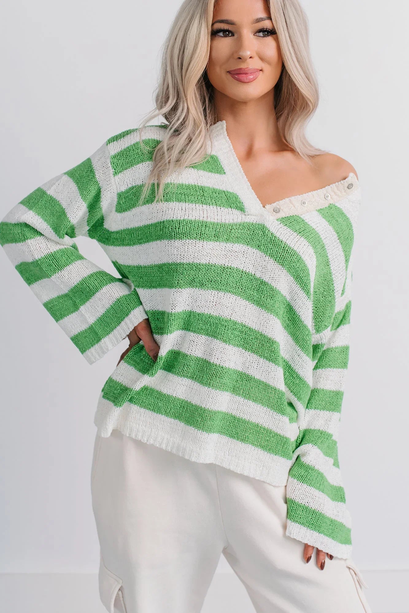 All Dressed Down Striped Knit POL Sweater (Green/Multi)