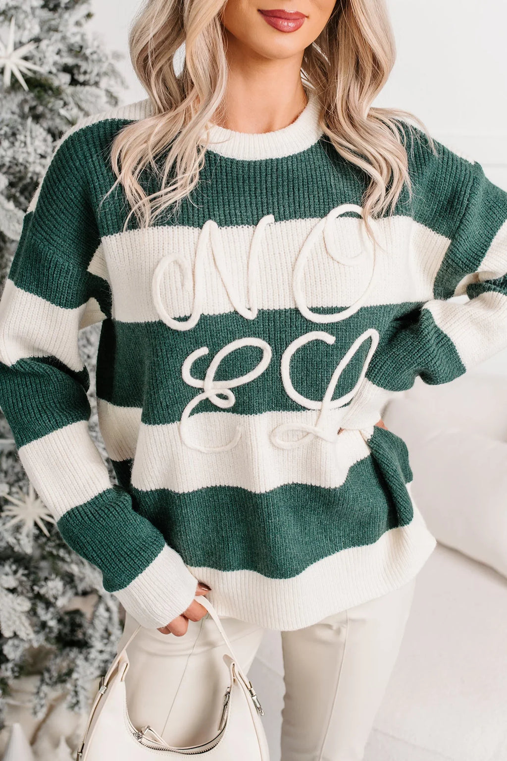 "Noel" Striped Knit Christmas Sweater (Hunter Green)