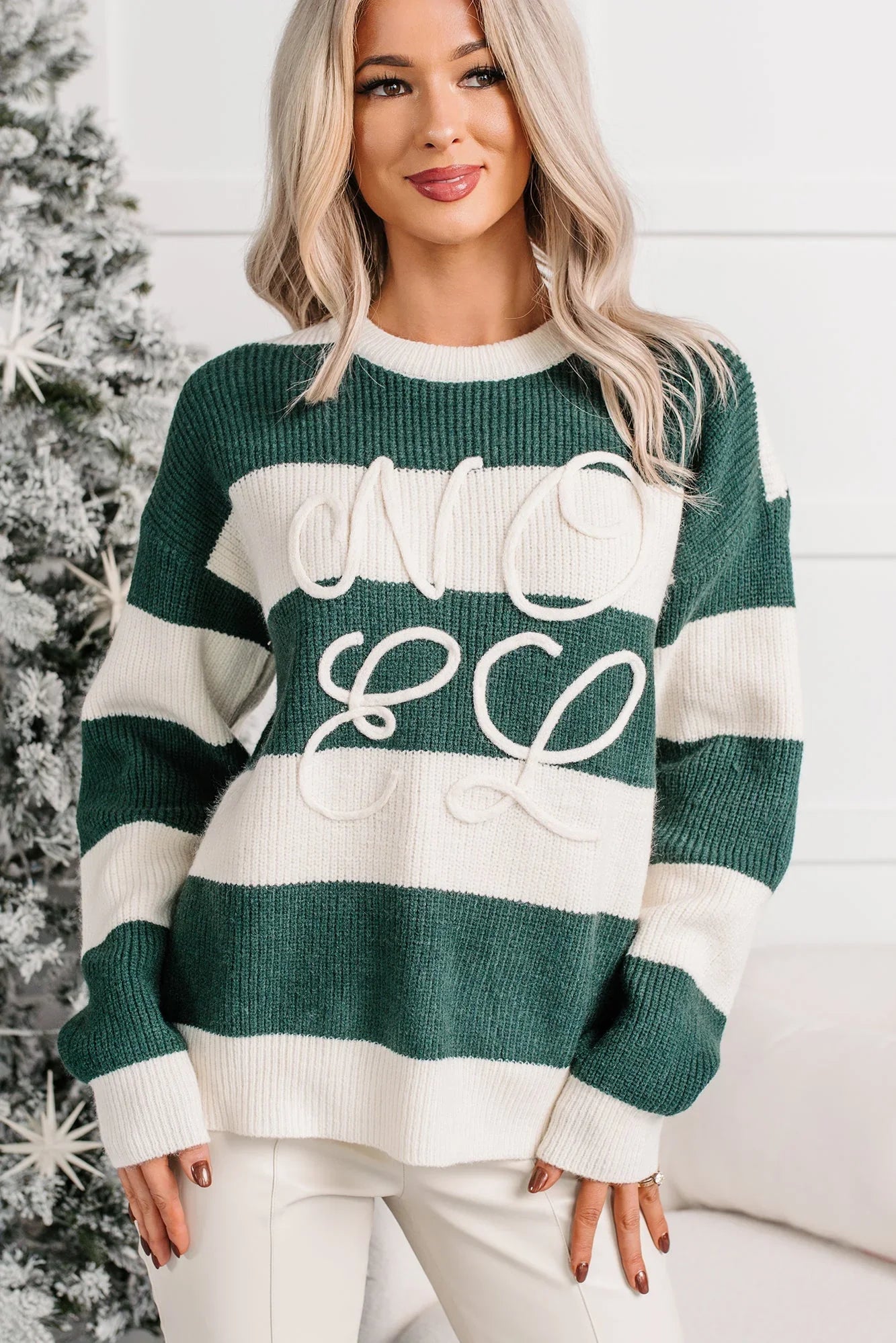 "Noel" Striped Knit Christmas Sweater (Hunter Green)