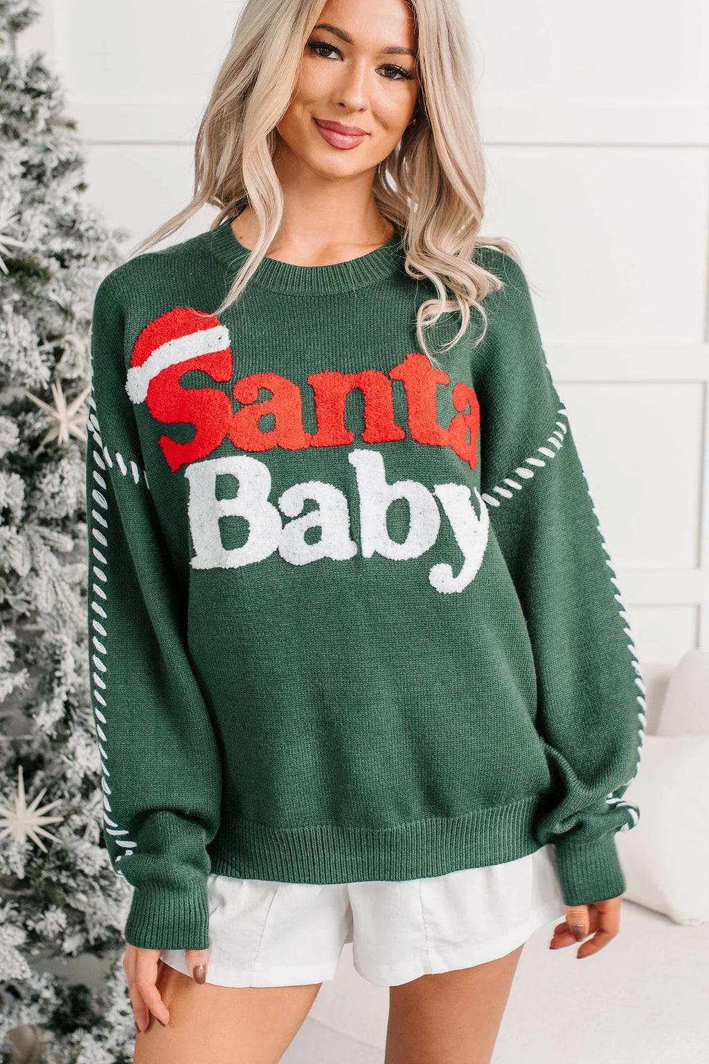 "Santa Baby" Knit Christmas Sweater (Hunter Green)