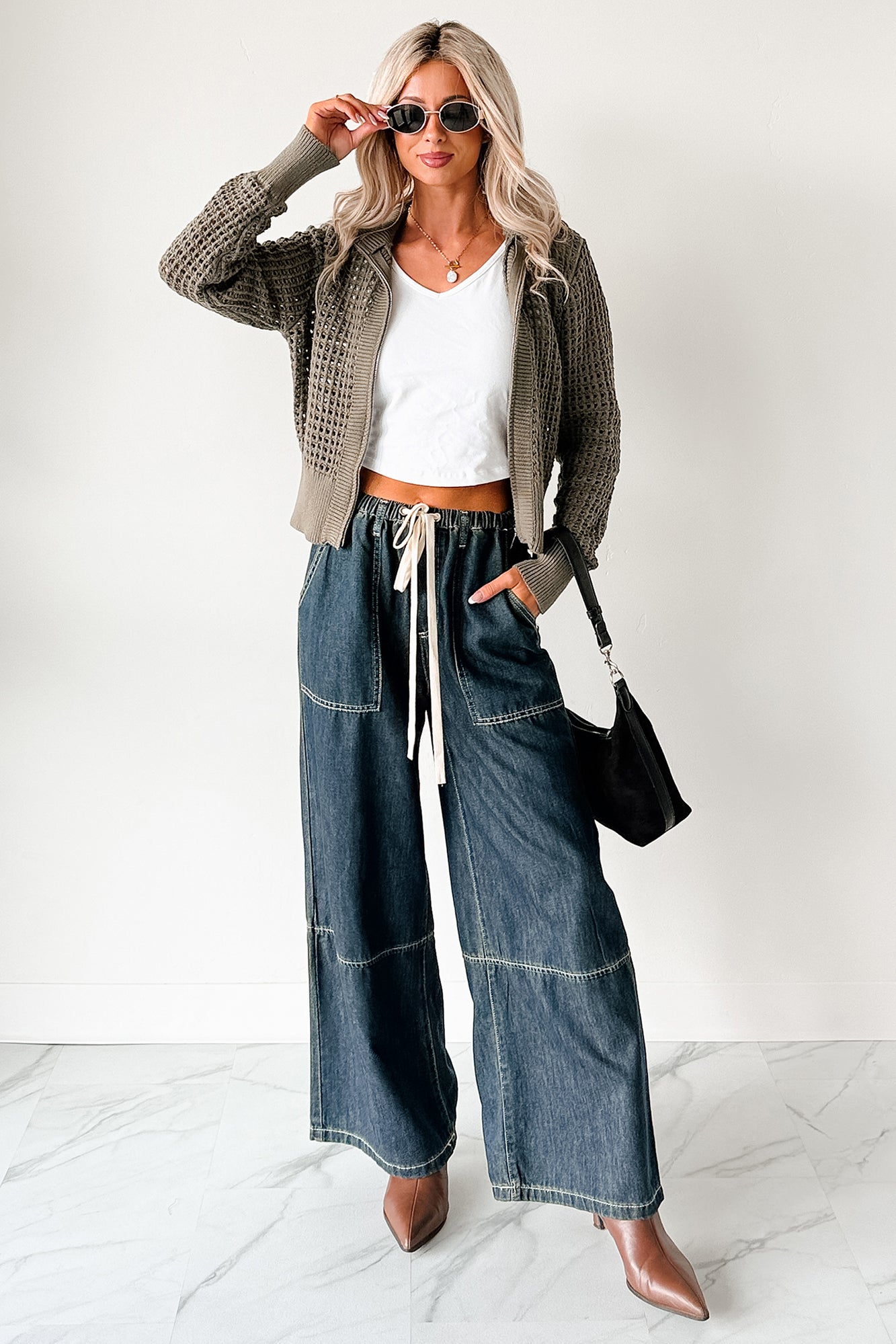 Chill Energy Wide Leg Drawstring Pants (Grey Denim)