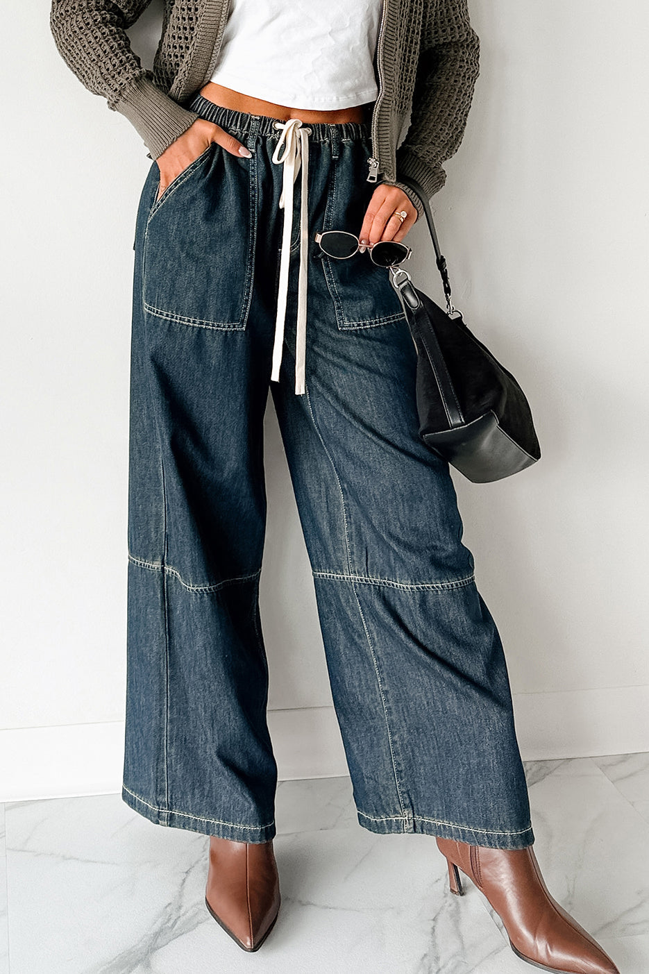 Chill Energy Wide Leg Drawstring Pants (Grey Denim)