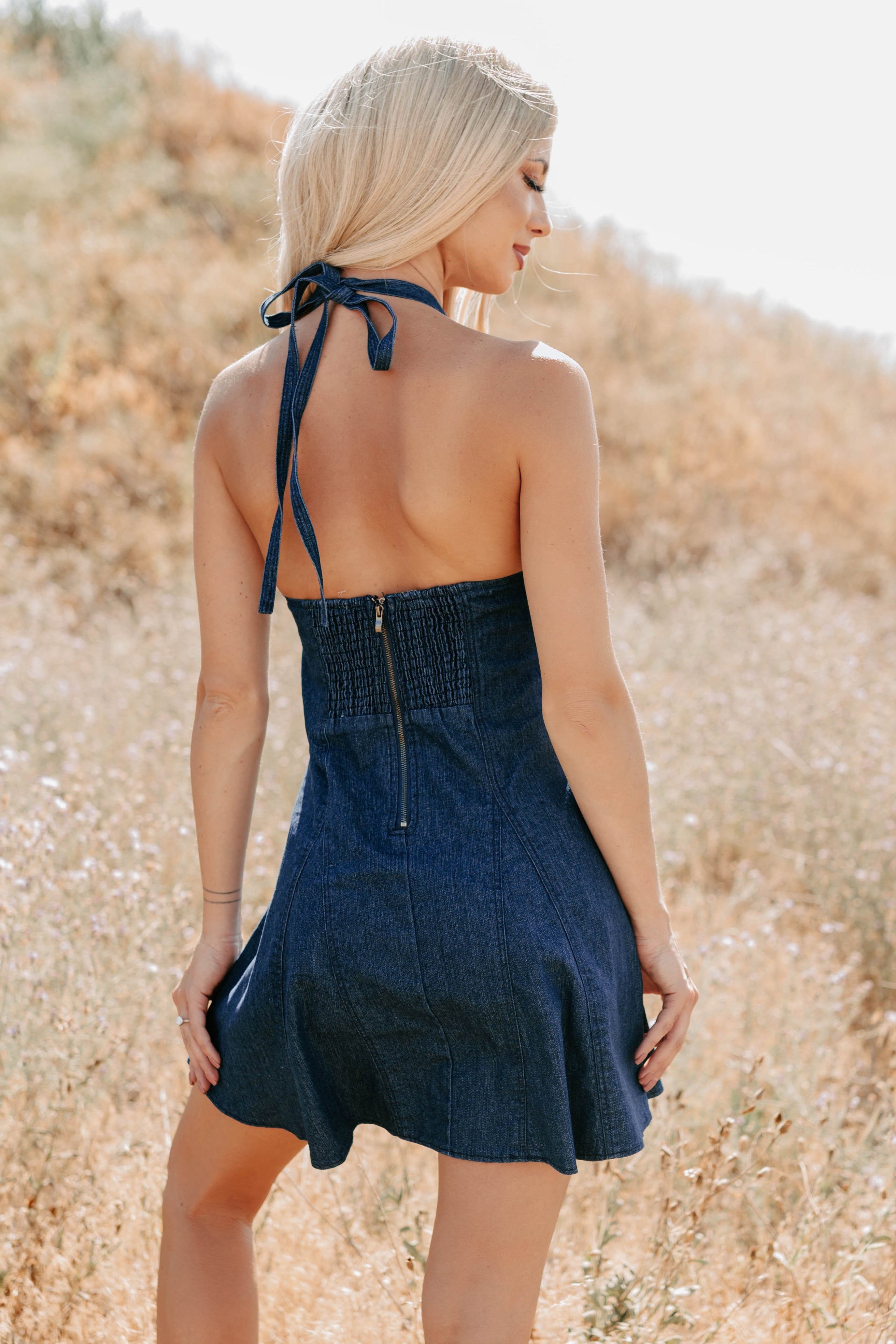 Already Iconic Halter Denim Mini Dress (Dark Blue)