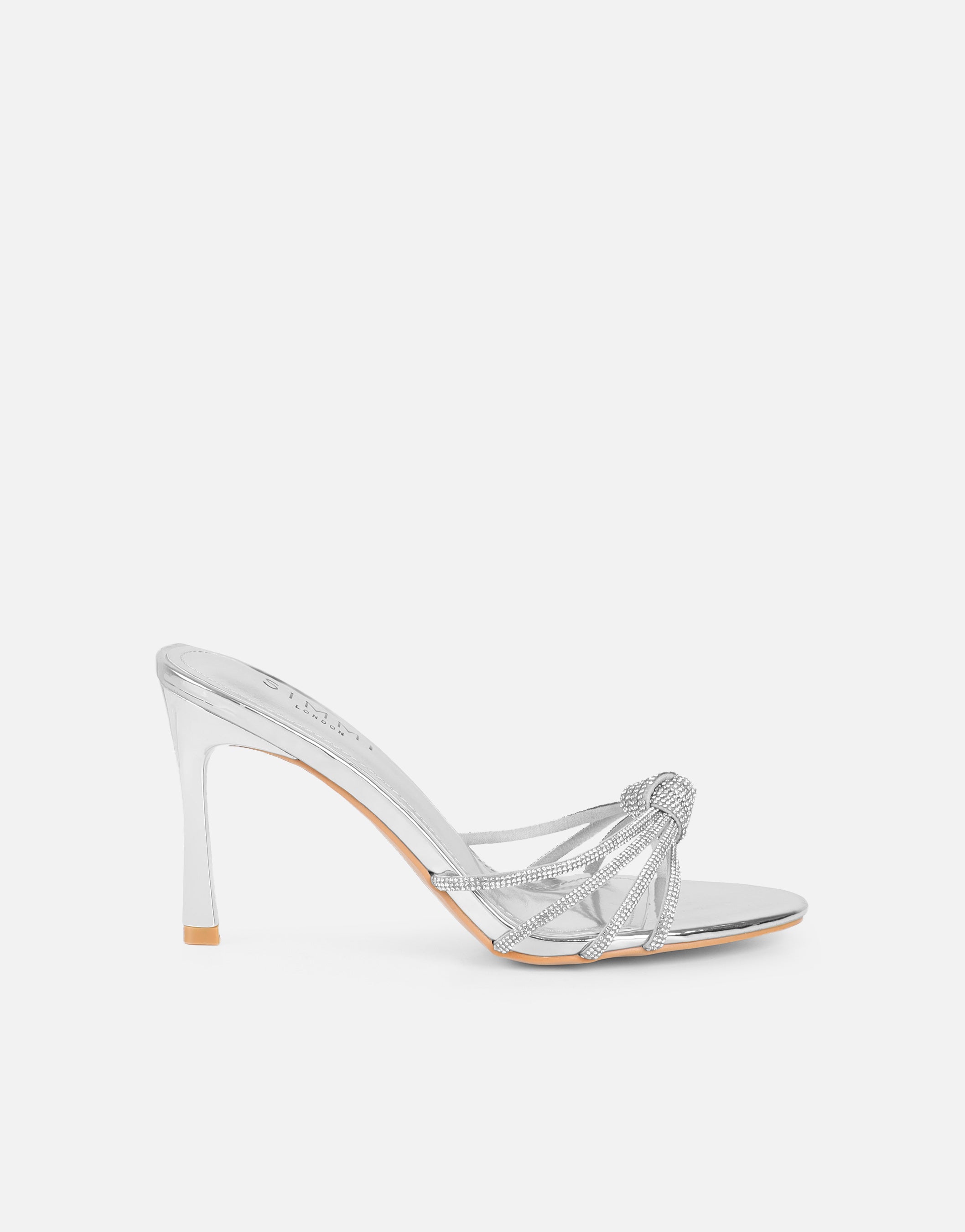 Kyla Silver Mirror Diamante Knot Mules