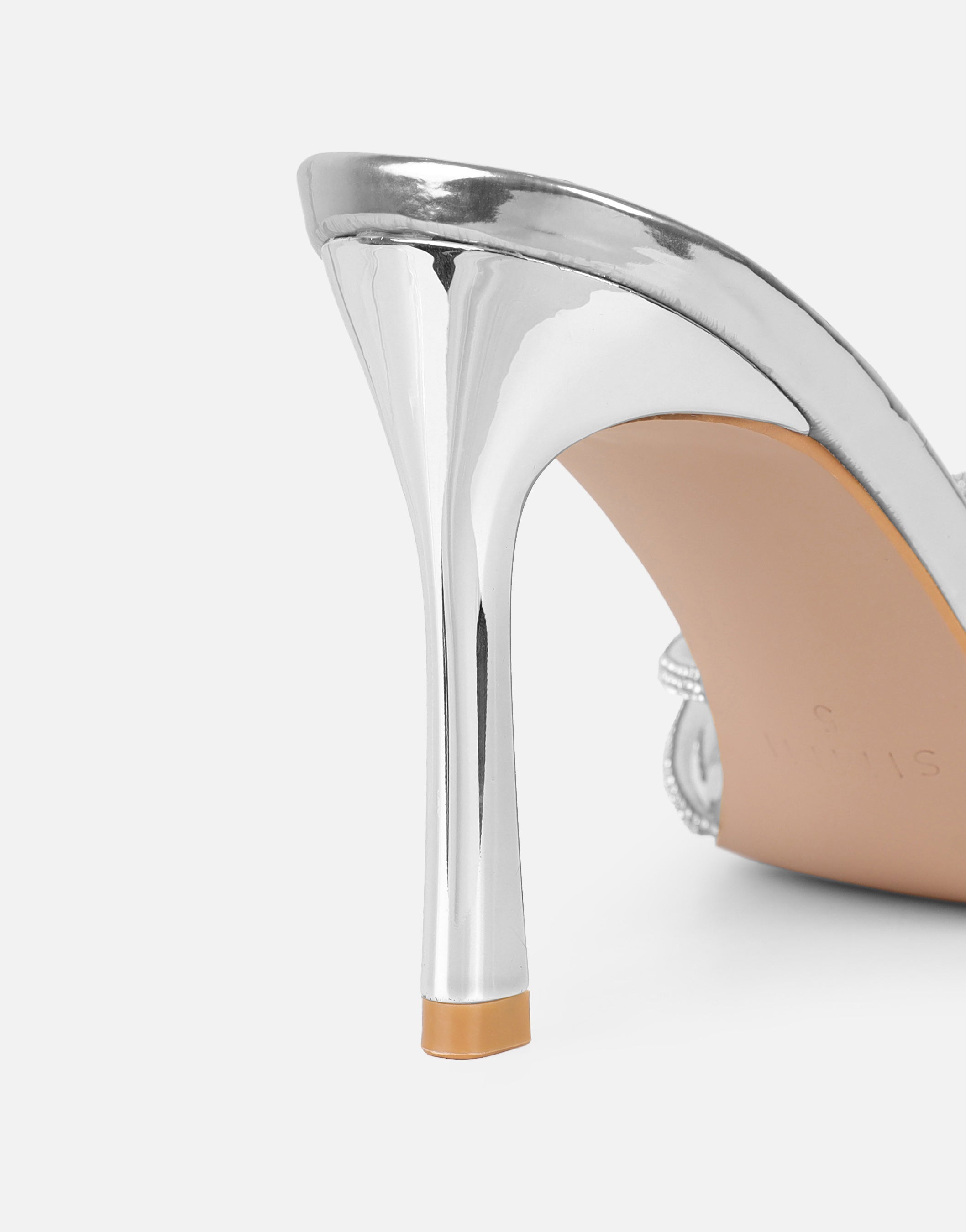 Kyla Silver Mirror Diamante Knot Mules