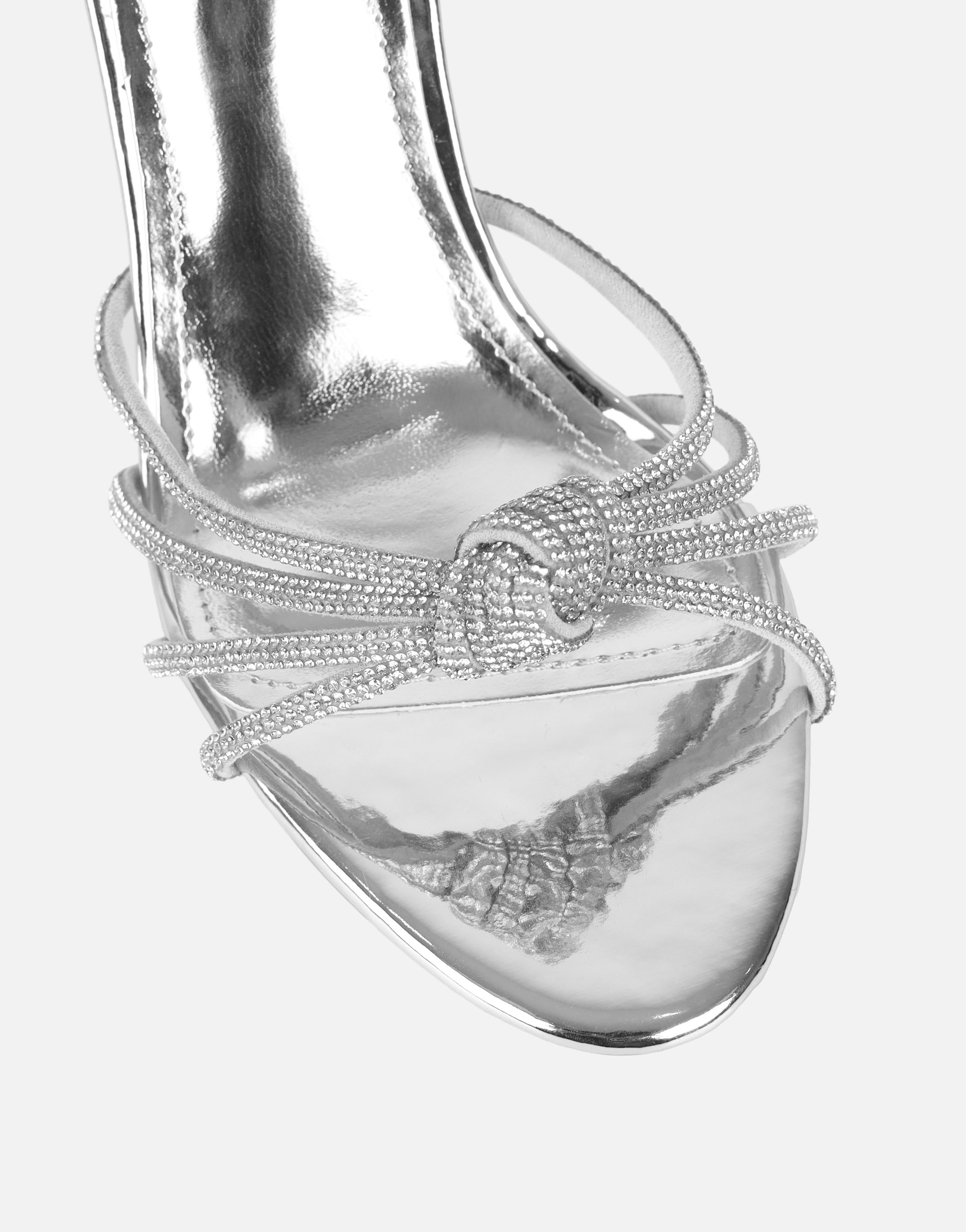 Kyla Silver Mirror Diamante Knot Mules