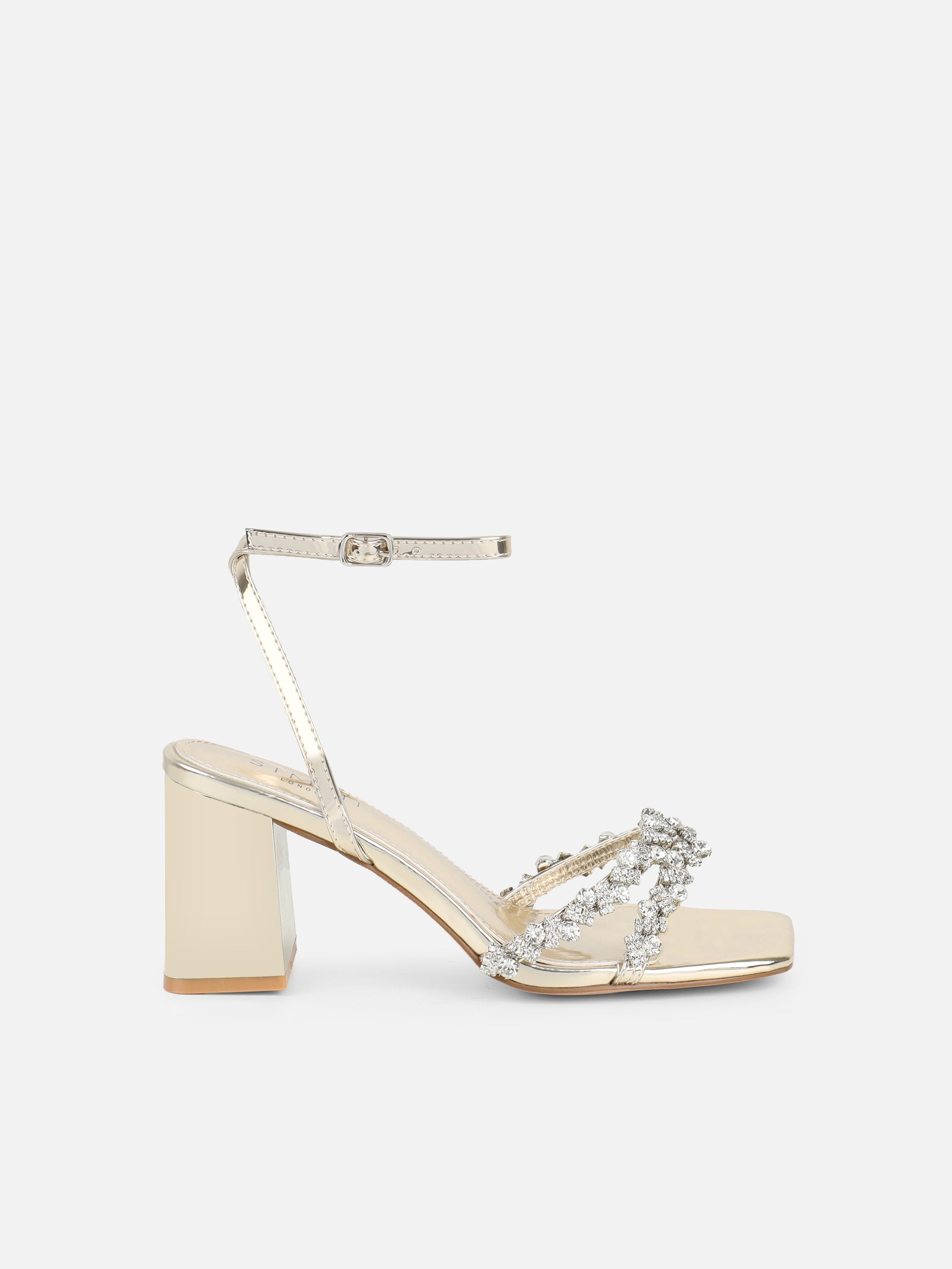 Meave Gold Mirror Diamante Block Heeled Sandals