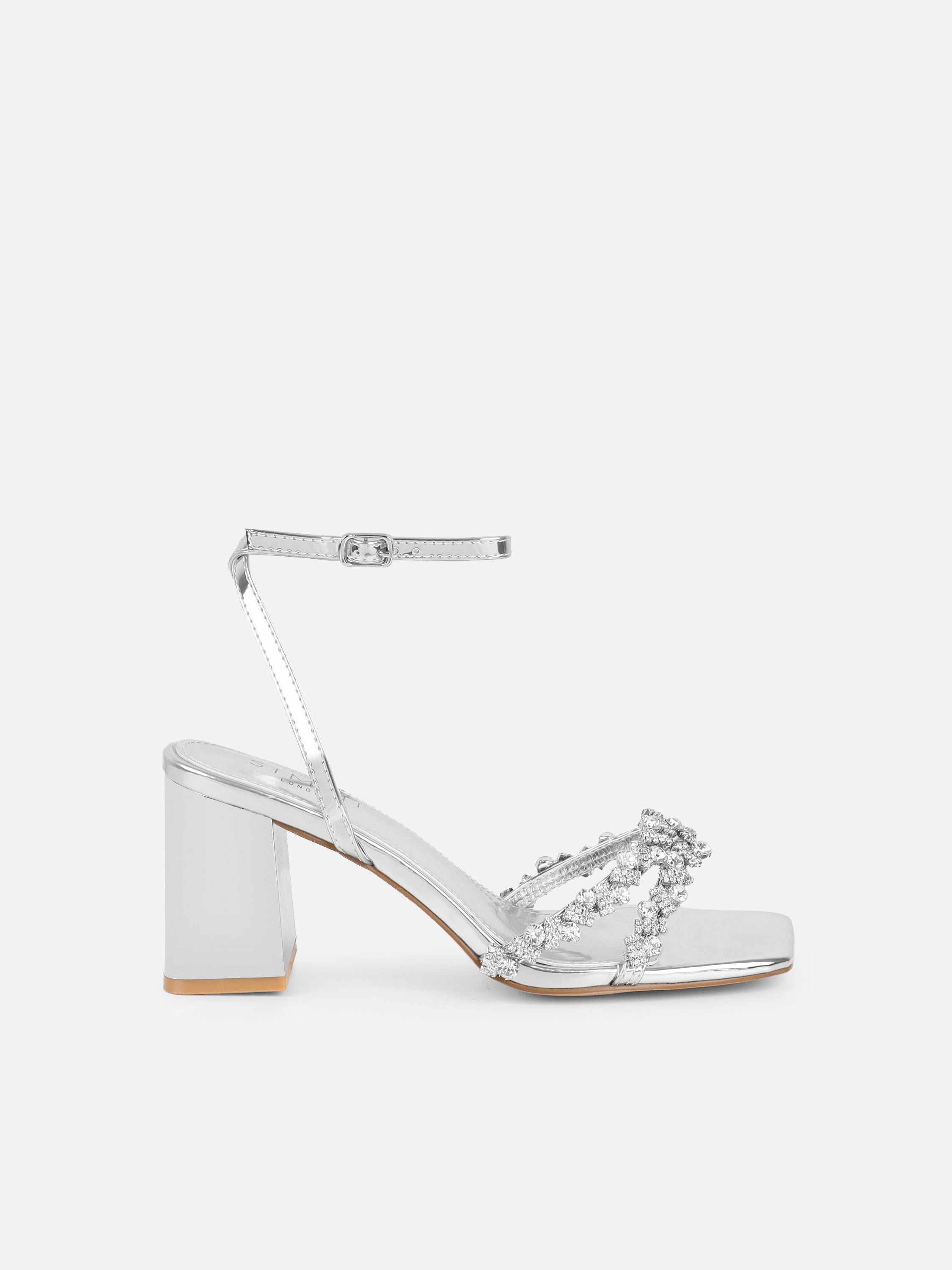 Meave Silver Mirror Diamante Block Heeled Sandals